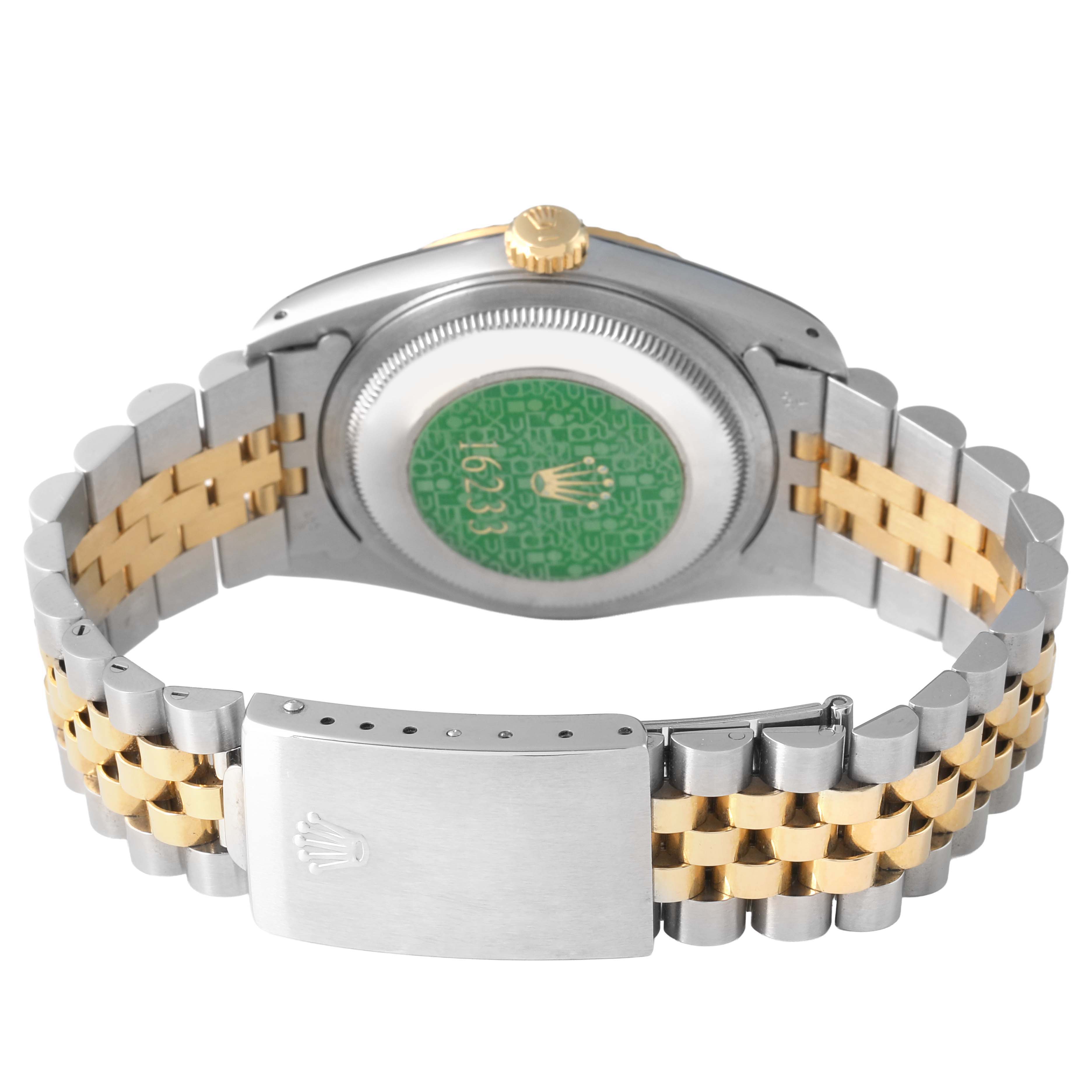 The image shows the back of a Rolex Datejust 16233 Men's Steel and Gold (two tone) White Dial, focusing on the case back, bracelet, and clasp.