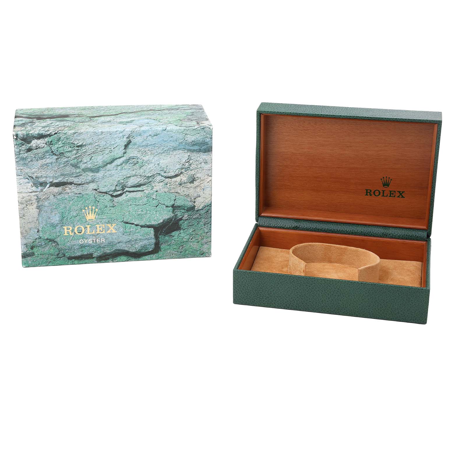 The image shows a Rolex Datejust 16233 Men's Steel and Gold (two tone) White Dial model box and an open watch case, displaying the interior.