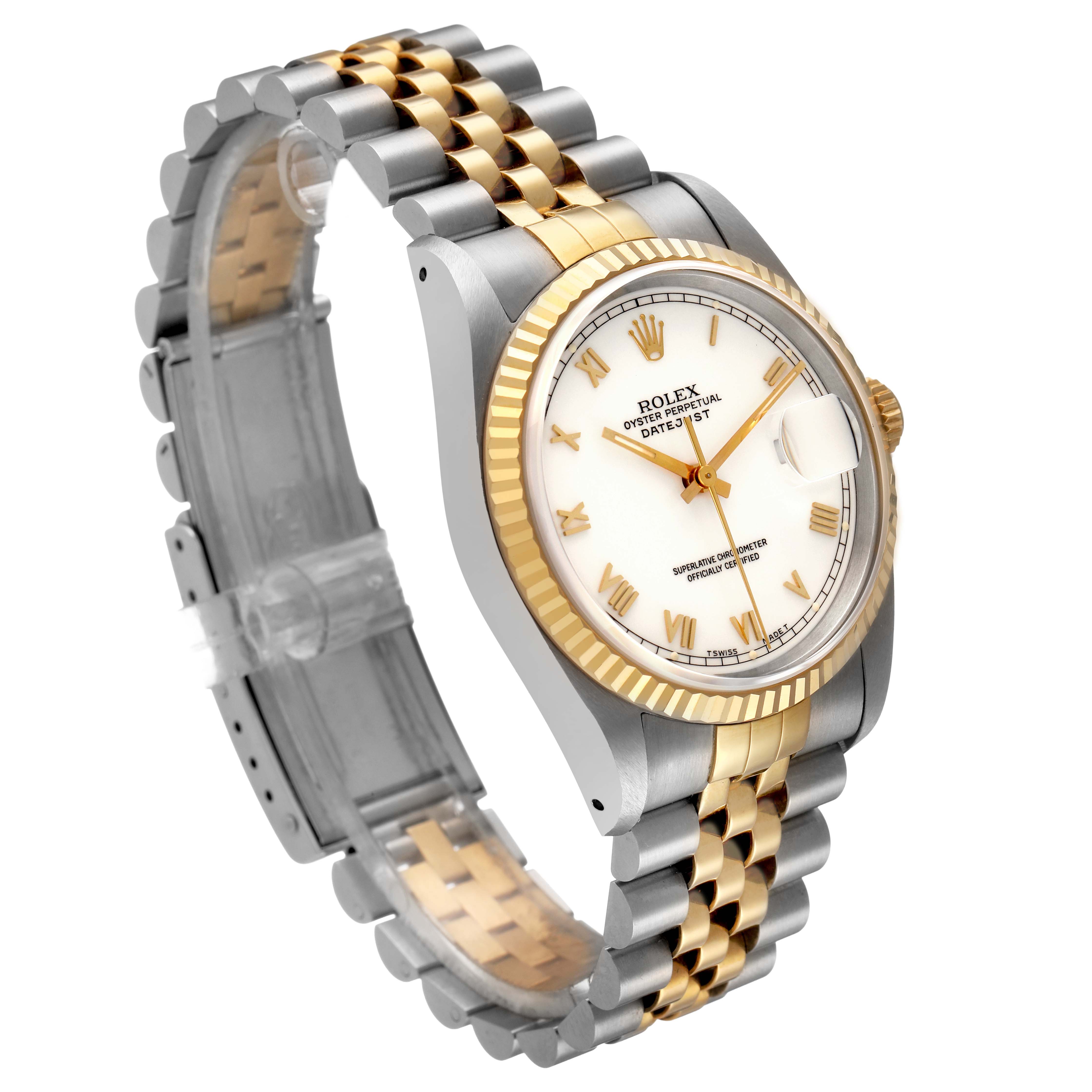 The Rolex Datejust 16233 Men's Steel and Gold (two tone) White Dial watch is shown at a three-quarter angle, highlighting the case, fluted bezel, and two-tone Jubilee bracelet.