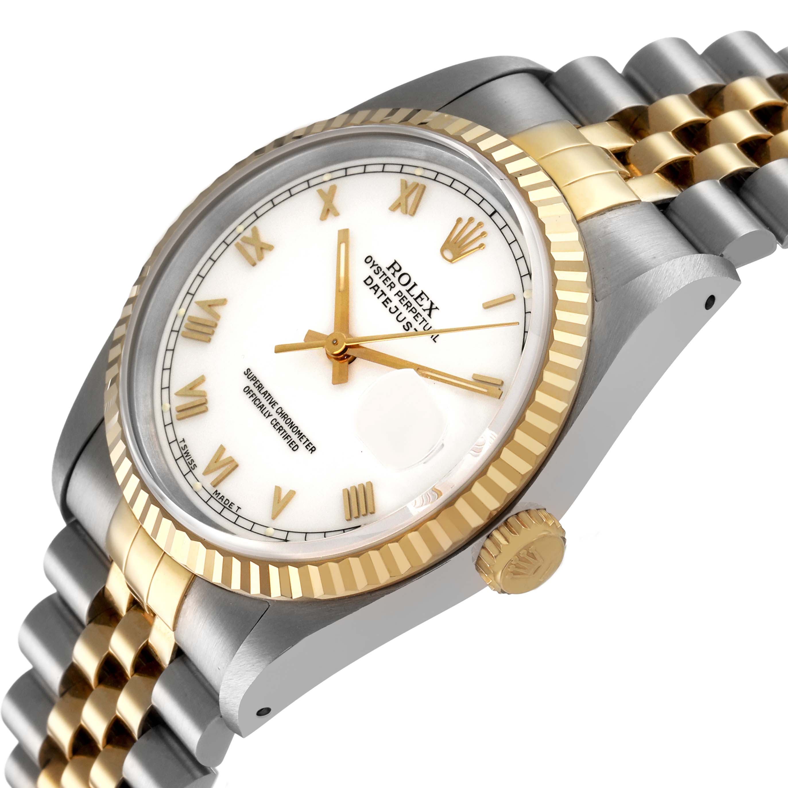 The Rolex Datejust 16233 Men's Steel and Gold (two tone) White Dial watch is shown at a tilted angle, highlighting the bezel, dial, crown, and part of the bracelet.