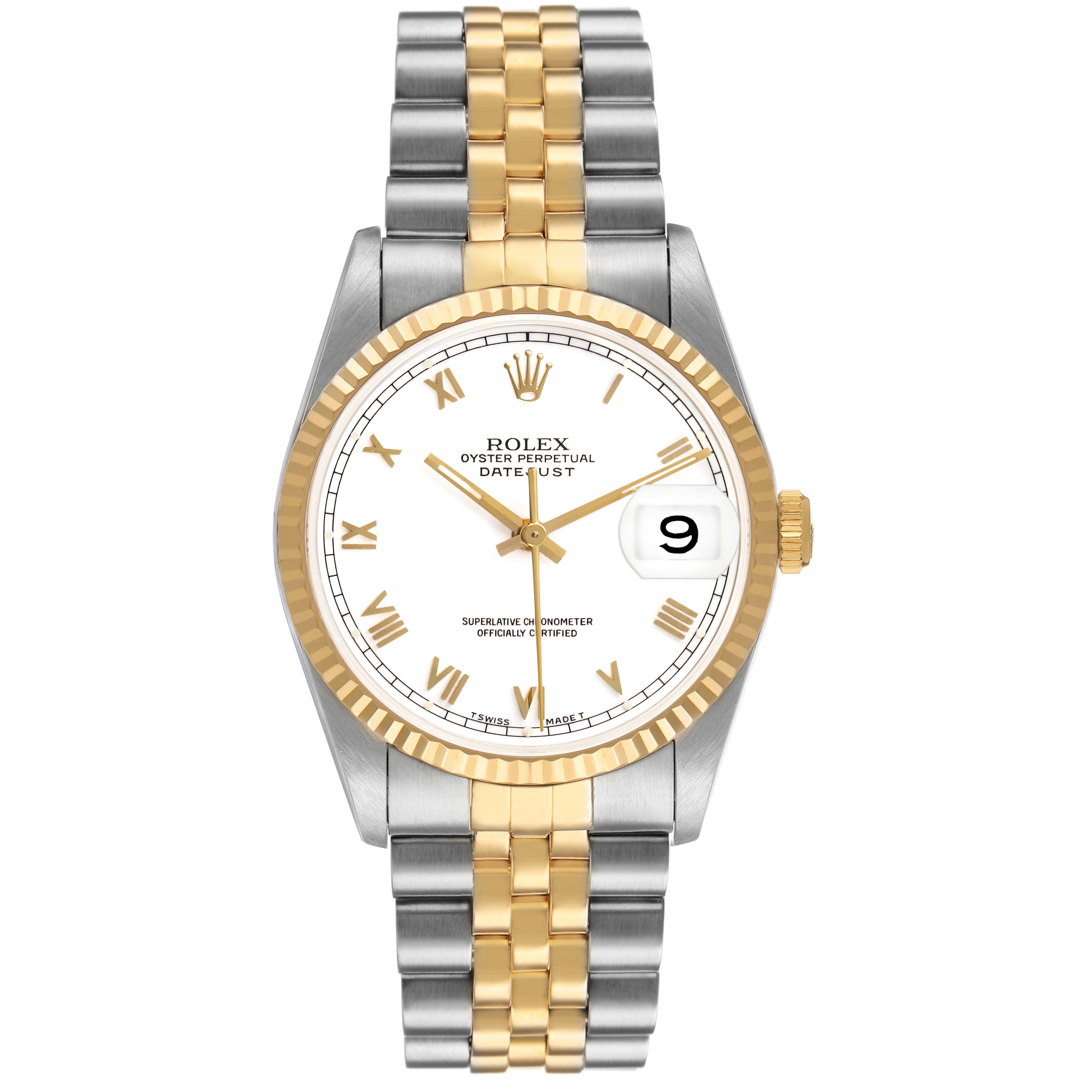The Rolex Datejust 16233 Men's Steel and Gold (two tone) White Dial watch is shown from a front angle, highlighting its dial, bezel, and two-tone bracelet.