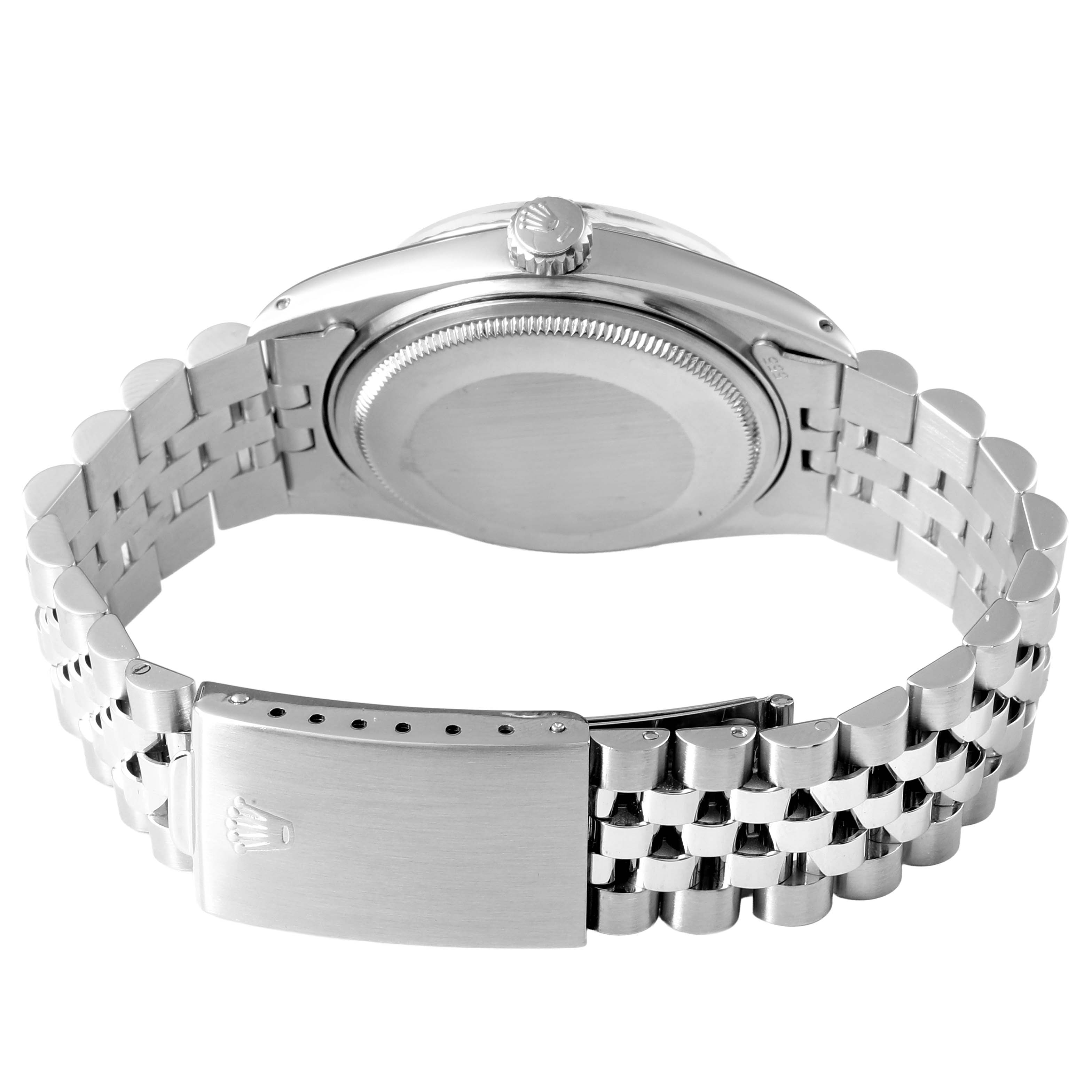 The image shows the back view of a Rolex Datejust 16014 Men's Stainless Steel Black Dial, highlighting its case back, crown, and Jubilee bracelet with clasp.