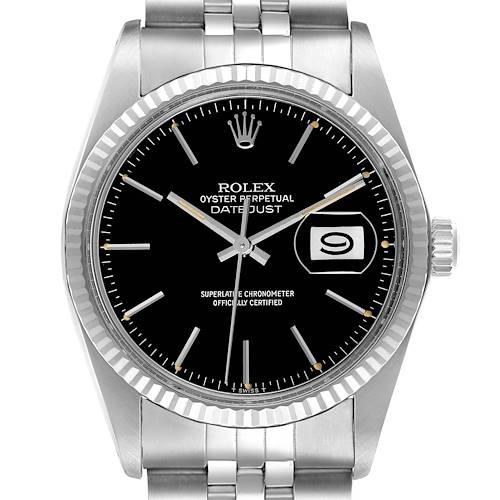 The image shows a Rolex Datejust 16014 Men's Stainless Steel Black Dial watch from the front, highlighting the black dial, fluted bezel, and stainless steel bracelet.