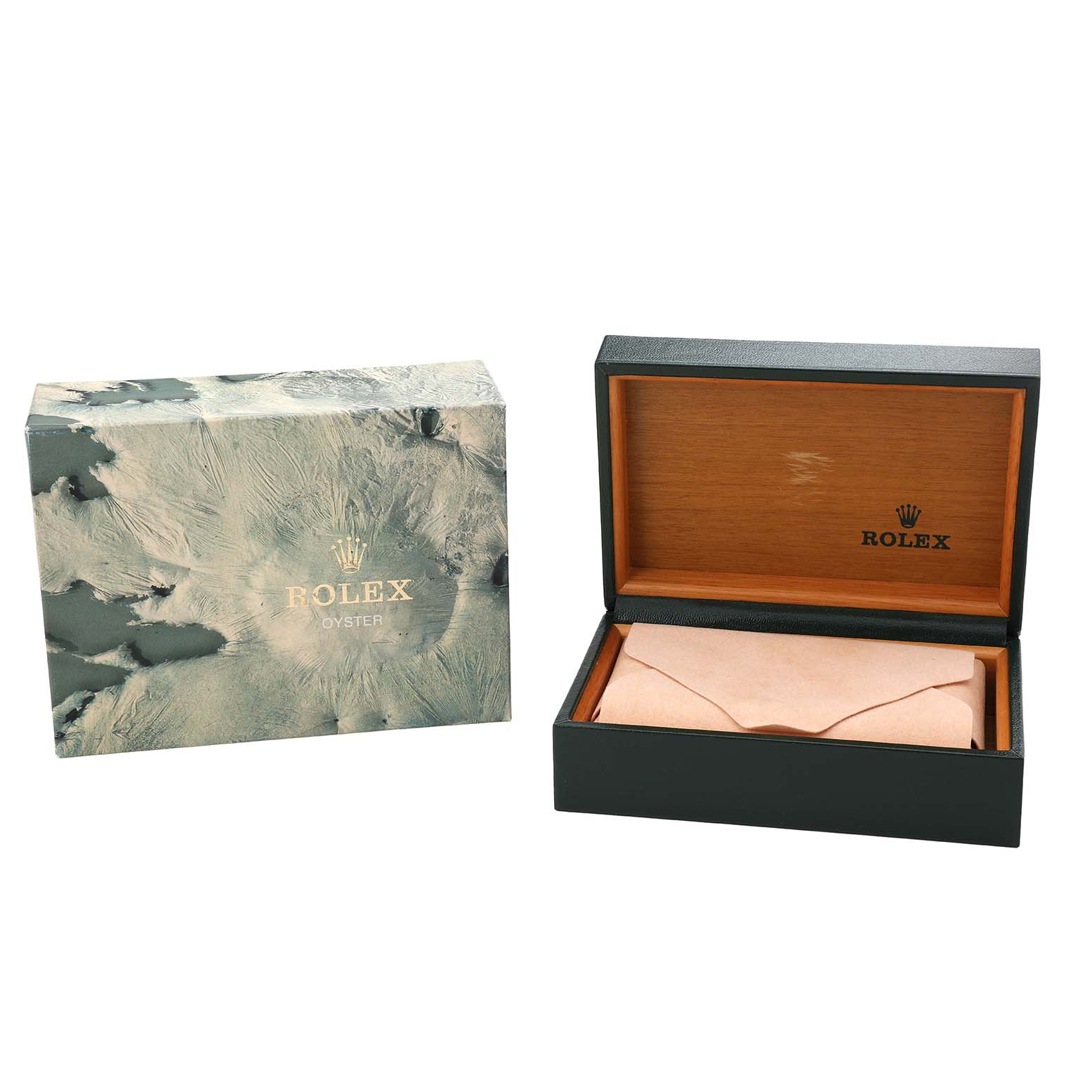 The image shows a closed Rolex Datejust 16014 Men's Stainless Steel Black Dial box and an open Rolex watch case with a cushion inside.