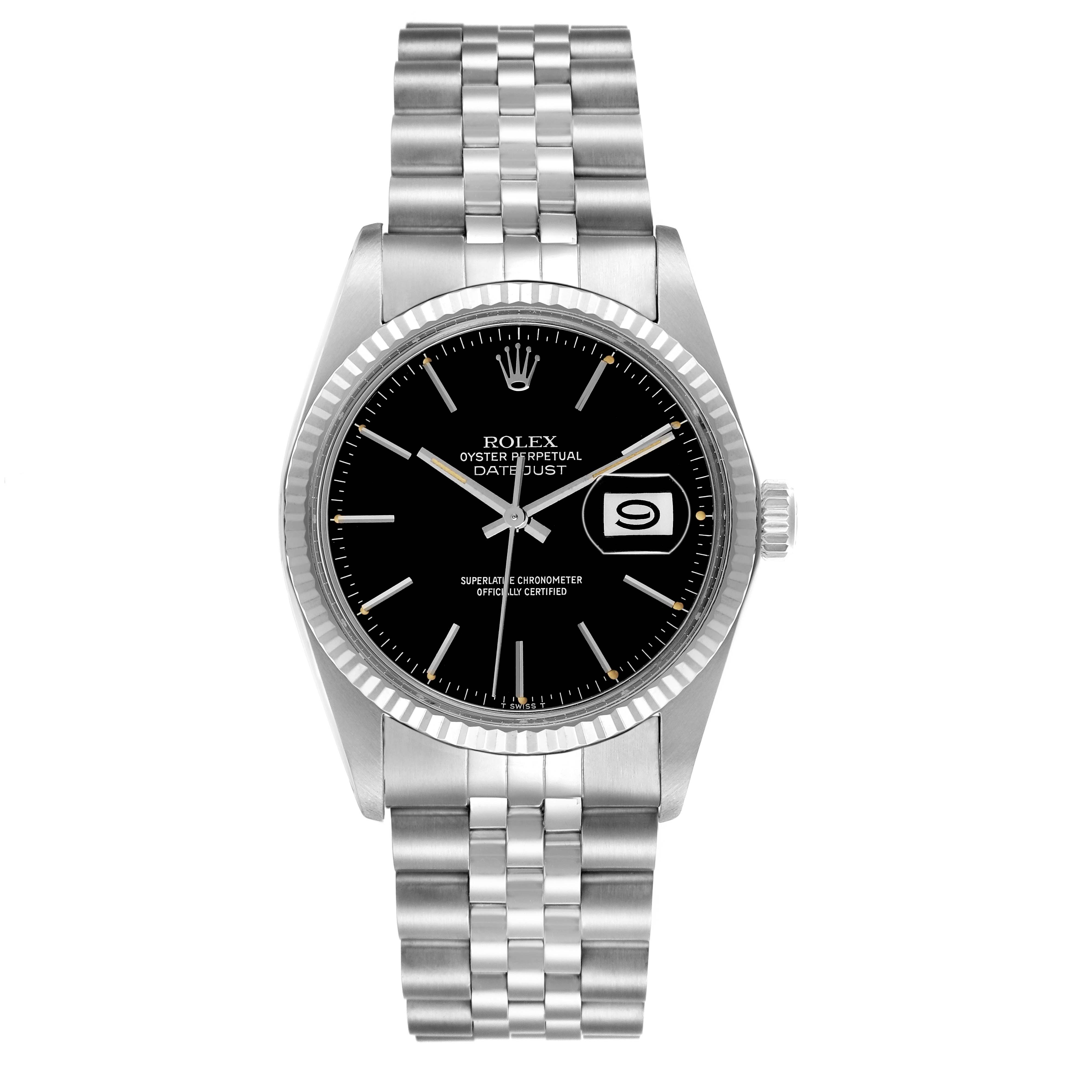 The Rolex Datejust 16014 Men's Stainless Steel Black Dial watch is shown from a top-down angle, displaying the face, bezel, crown, and bracelet.