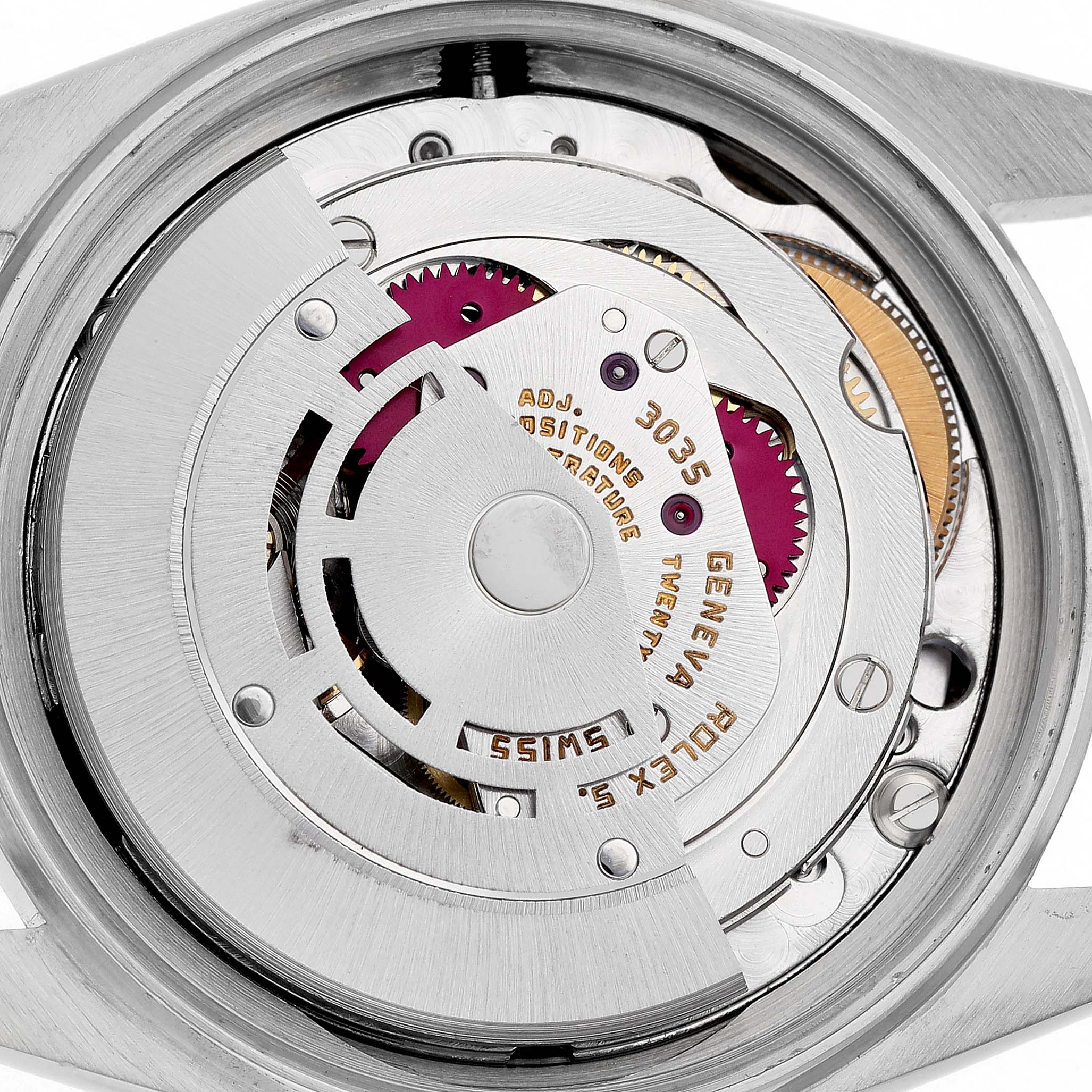 The image shows the movement mechanism of a Rolex Datejust 16014 Men's Stainless Steel Black Dial, viewed from the back, highlighting gears and engravings.