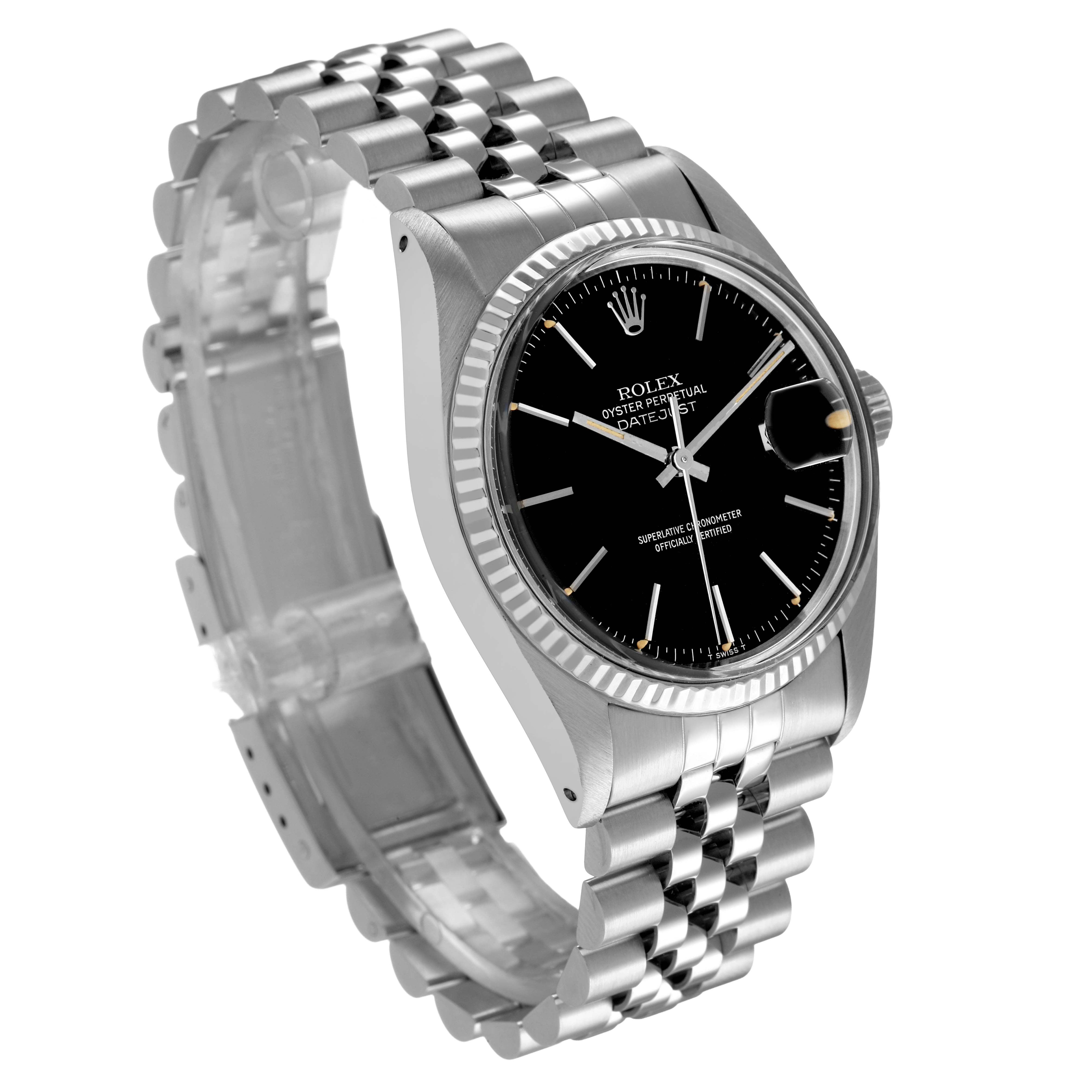 The Rolex Datejust 16014 Men's Stainless Steel Black Dial watch is shown at a three-quarter angle, highlighting the black dial, fluted bezel, and Jubilee bracelet.