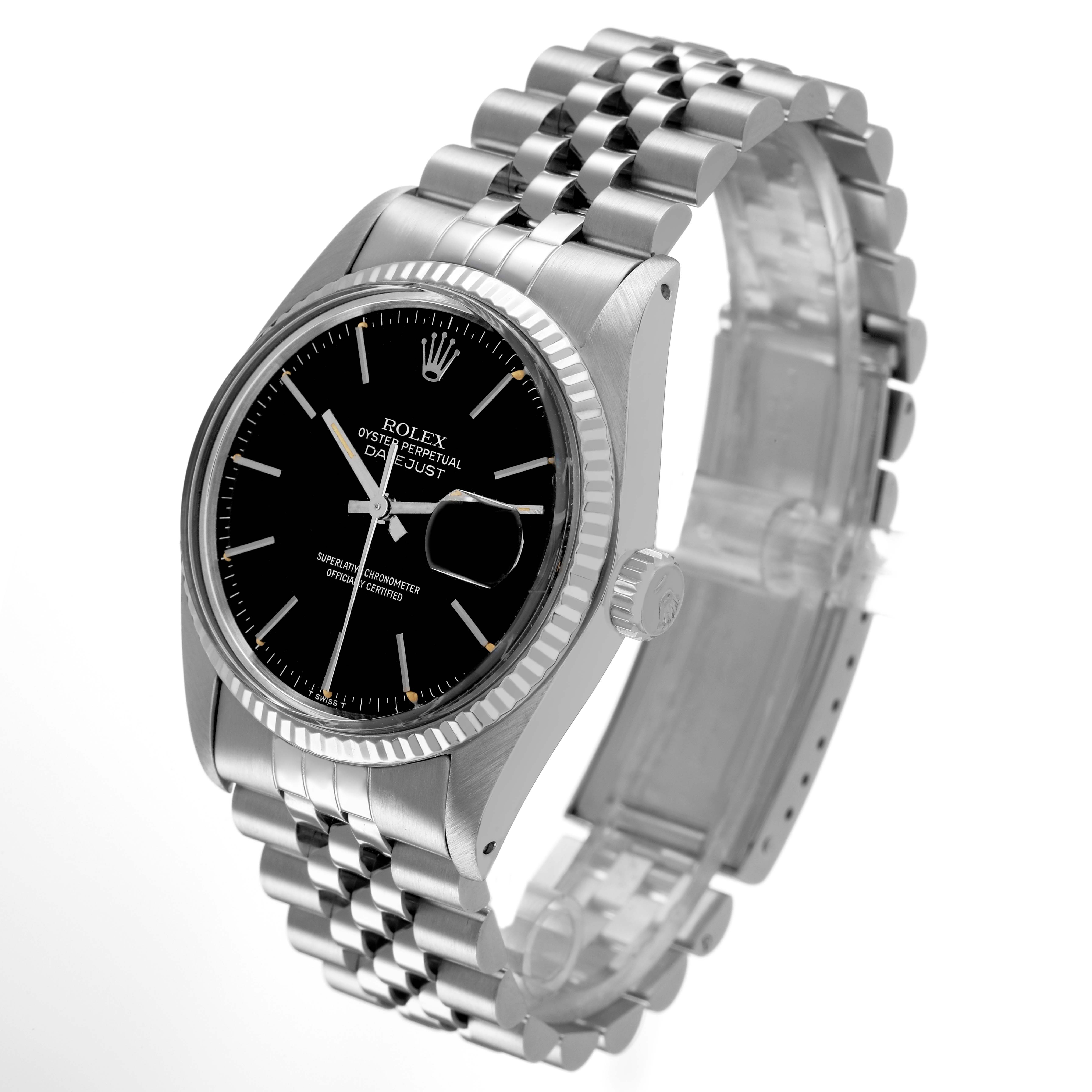 The Rolex Datejust 16014 Men's Stainless Steel Black Dial watch is shown at an angled side view, displaying the dial, bezel, case, and Jubilee bracelet clearly.