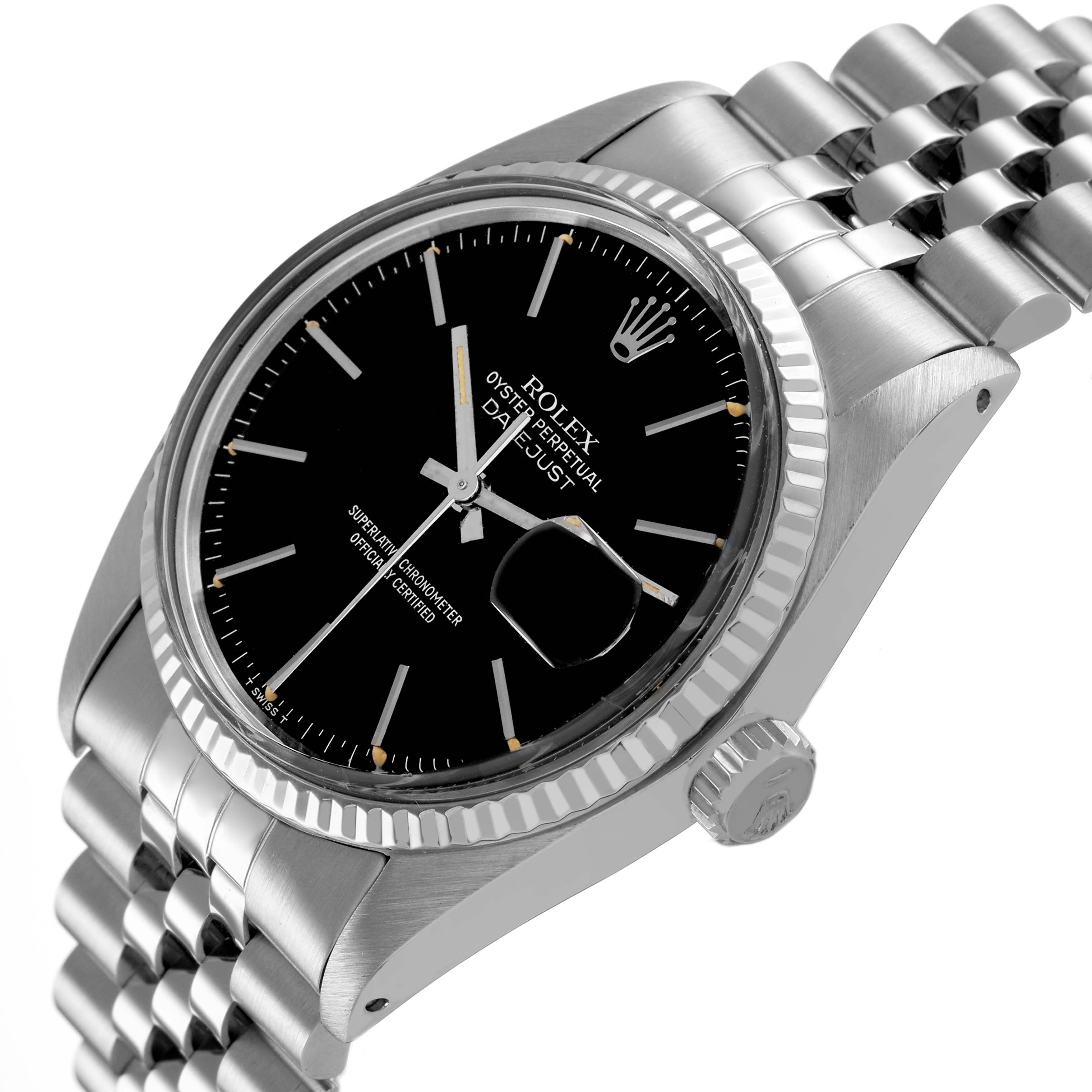 The Rolex Datejust 16014 Men's Stainless Steel Black Dial is shown at a three-quarter angle, highlighting the bezel, dial, cyclops lens, crown, and jubilee bracelet.