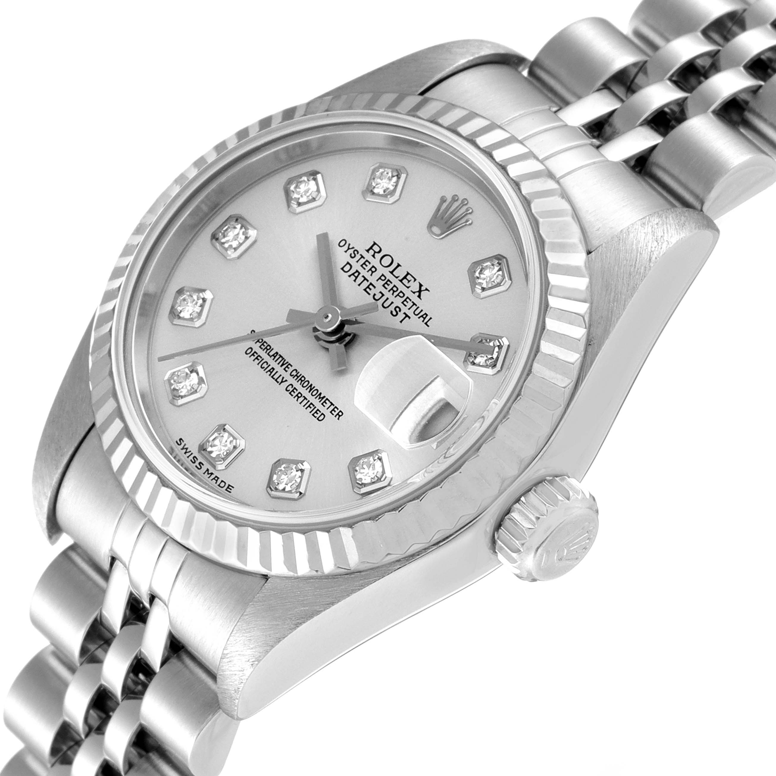 The Rolex Datejust 79174 Women
s Stainless Steel Silver Dial 79174 Women
s Stainless Steel Silver Dial watch is shown from an angled close-up, highlighting the dial, date magnifier, bezel, and part of the bracelet.