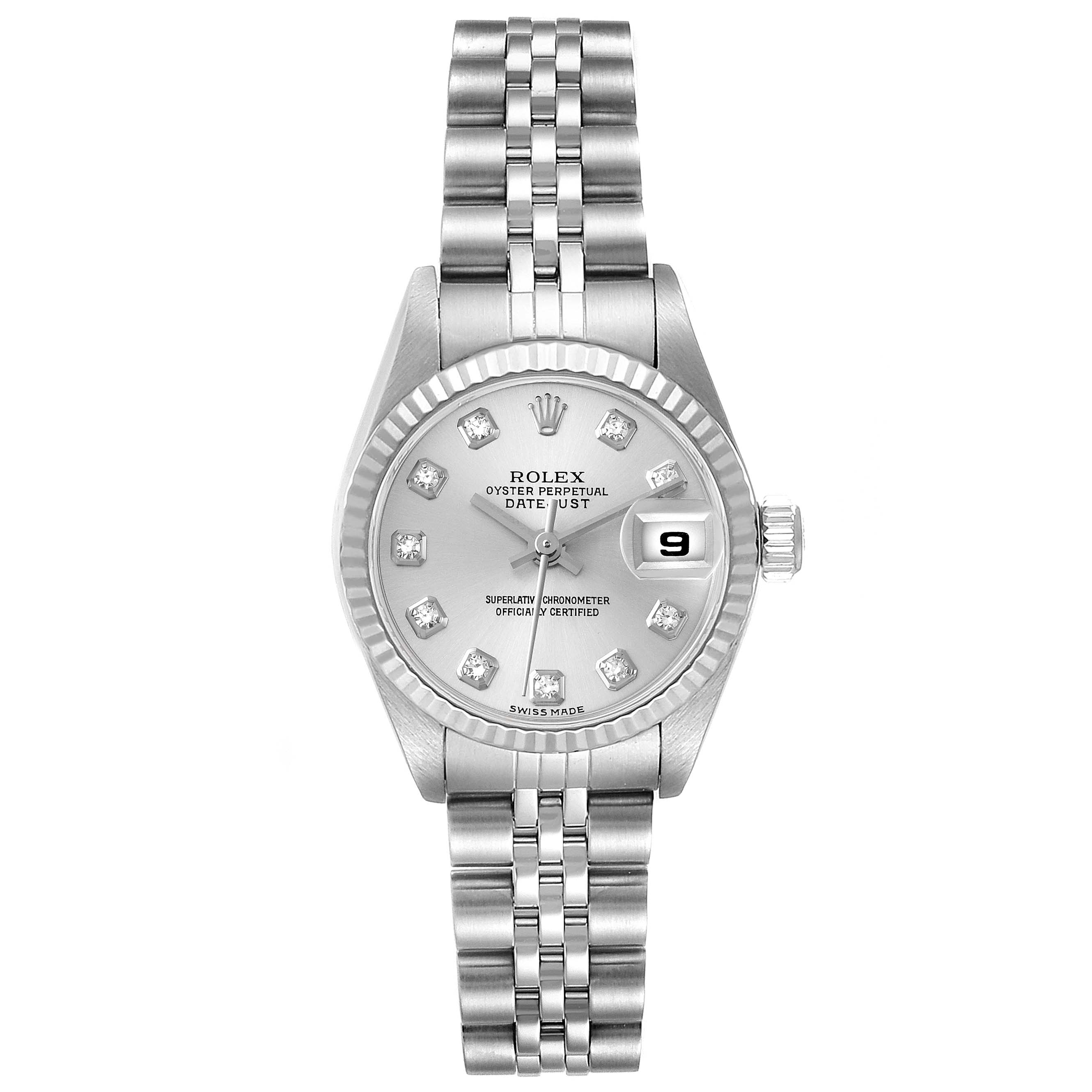 The image shows a front view of a Rolex Datejust 79174 Women
s Stainless Steel Silver Dial 79174 Women
s Stainless Steel Silver Dial watch, highlighting its dial, bezel, and Jubilee bracelet.