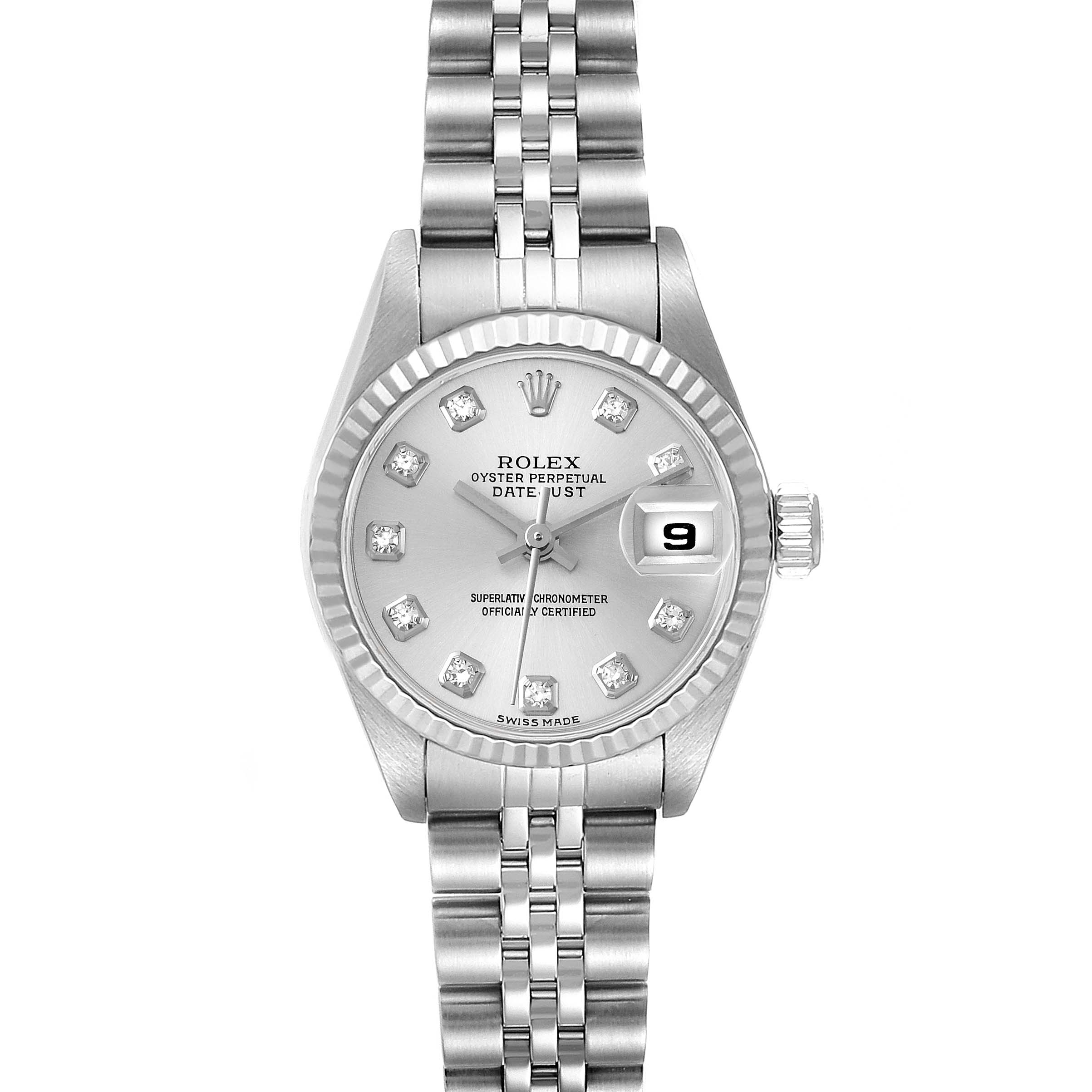 This Rolex Datejust 79174 Women
s Stainless Steel Silver Dial 79174 Women
s Stainless Steel Silver Dial watch is shown from a front angle, displaying its dial, bezel, bracelet, and date window.