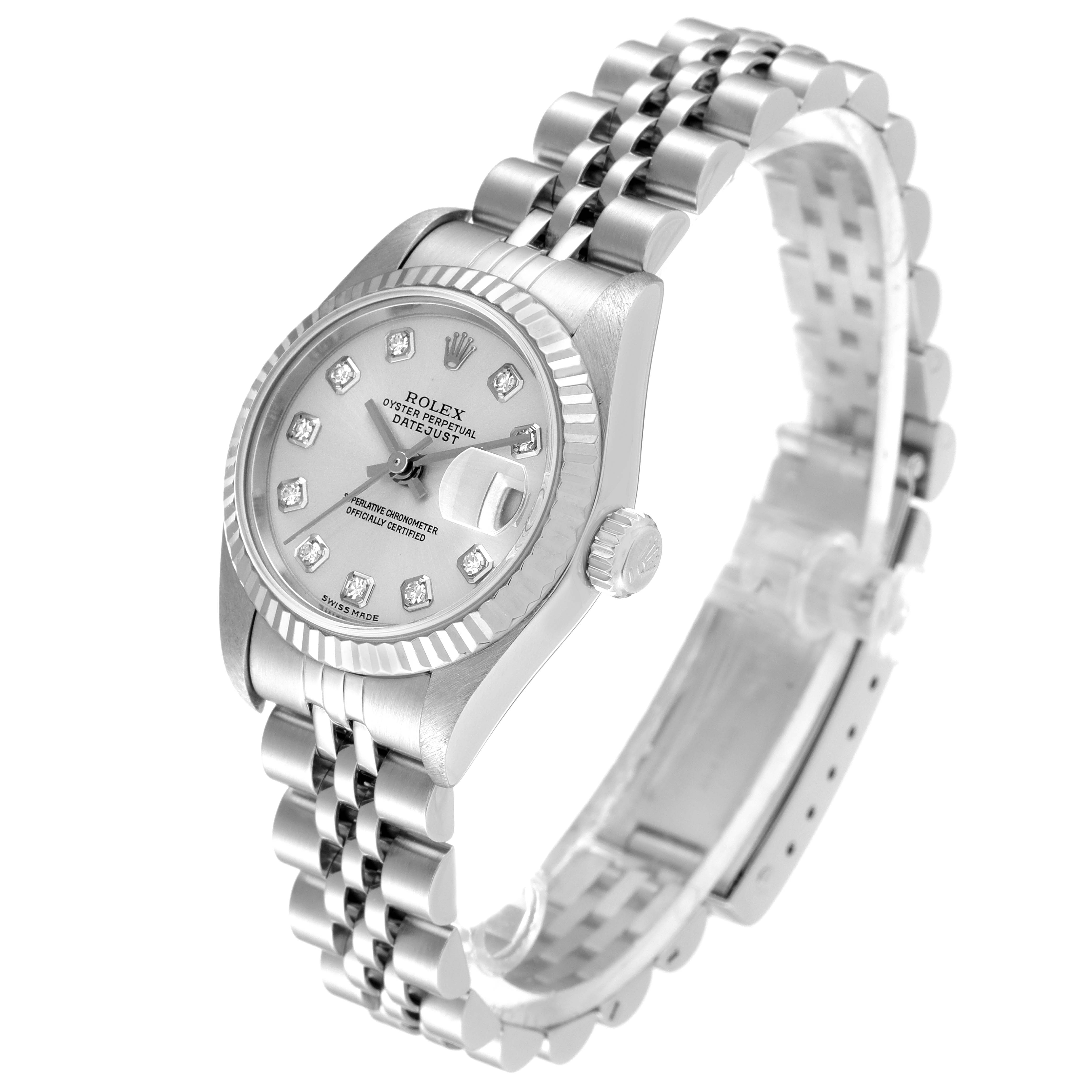 The image shows a Rolex Datejust 79174 Women
s Stainless Steel Silver Dial 79174 Women
s Stainless Steel Silver Dial watch from a front angle, highlighting its face, bezel, and bracelet.