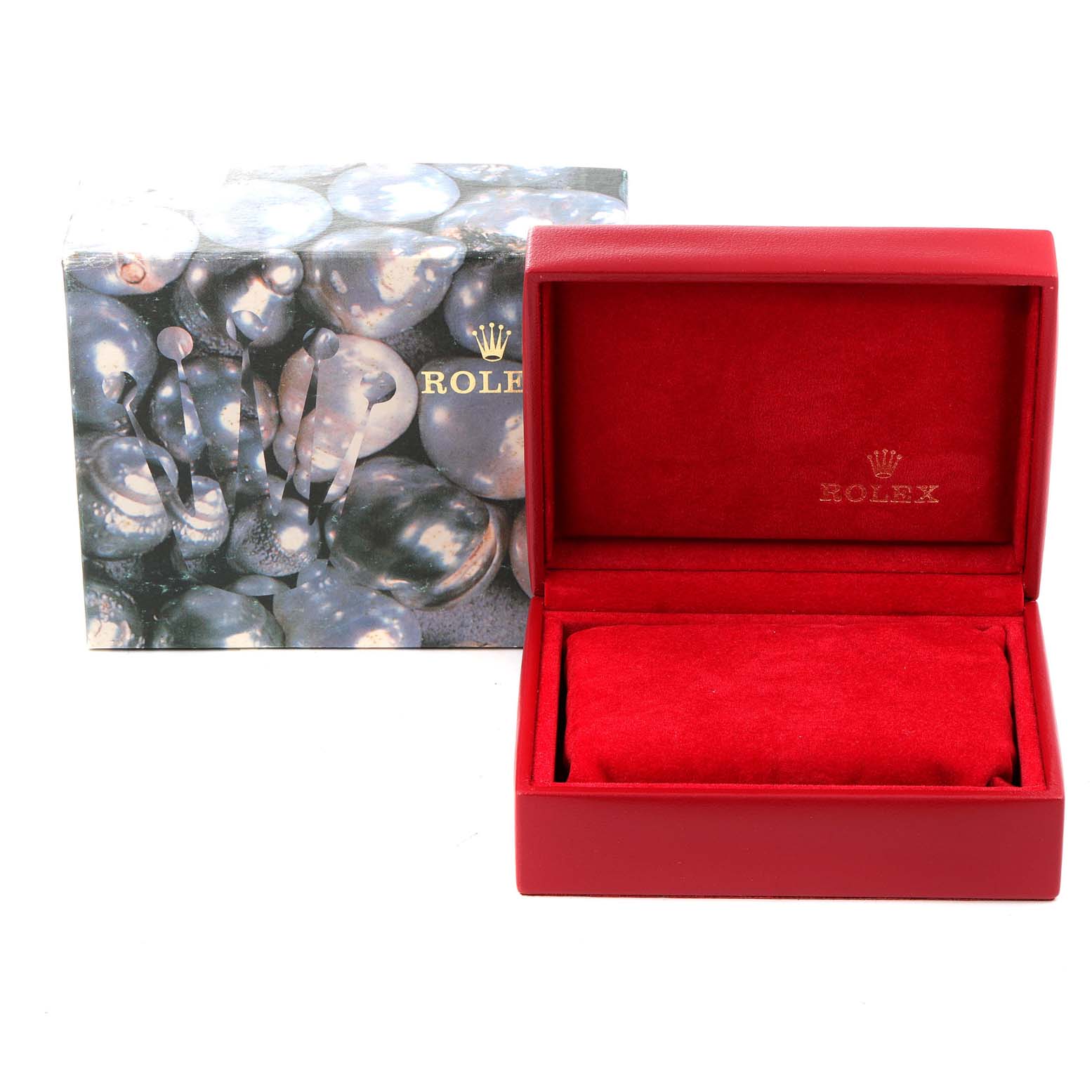 The image shows an empty red Rolex Datejust 79174 Women
s Stainless Steel Silver Dial 79174 Women
s Stainless Steel Silver Dial watch box with a cushion and the outer packaging box.