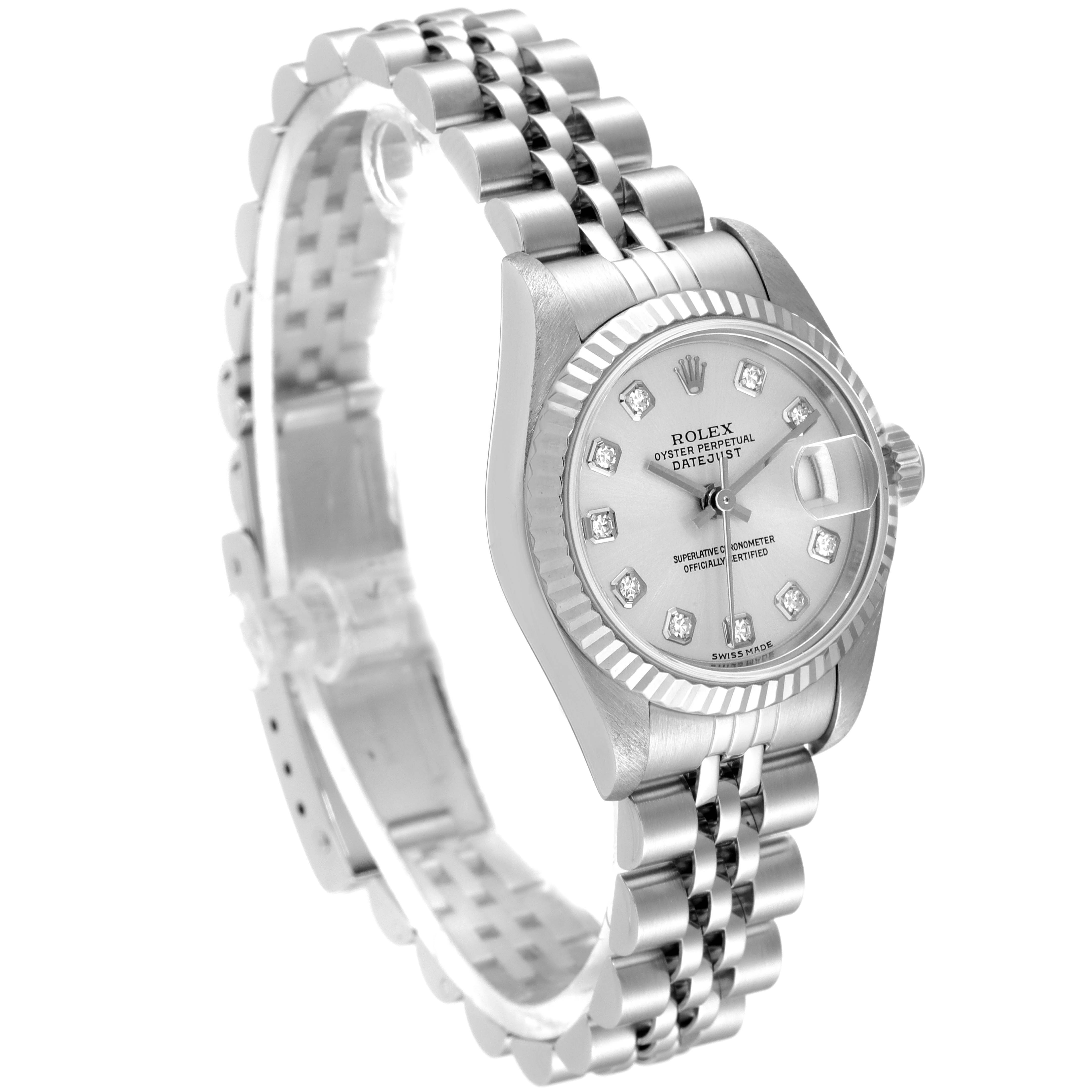 The Rolex Datejust 79174 Women
s Stainless Steel Silver Dial 79174 Women
s Stainless Steel Silver Dial watch is shown at an angle highlighting its dial, bezel, crown, and bracelet.