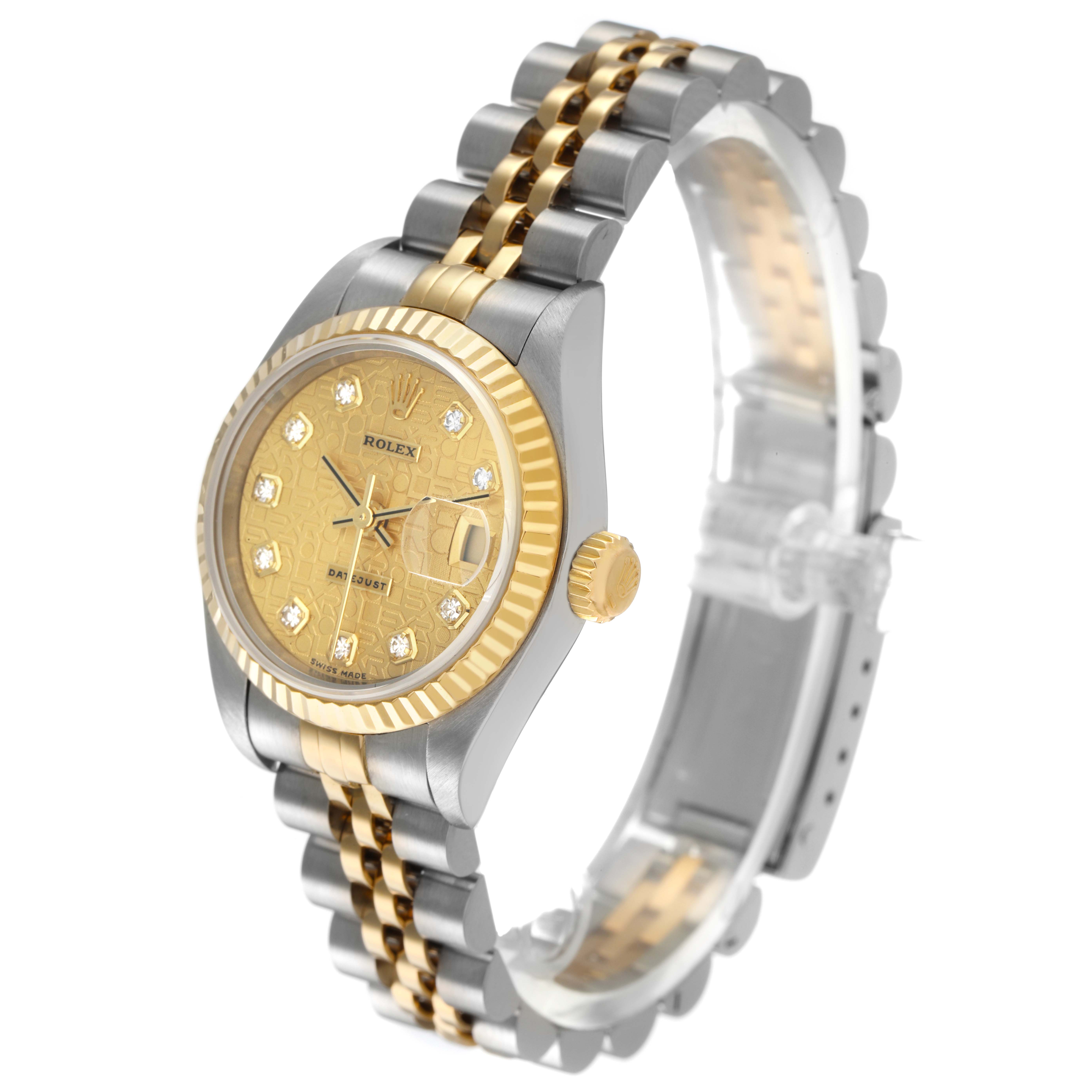 The image shows a Rolex Datejust 79173 Women's Steel and Gold (two tone) Champagne Dial watch at a side angle, highlighting the bracelet, bezel, and crown.