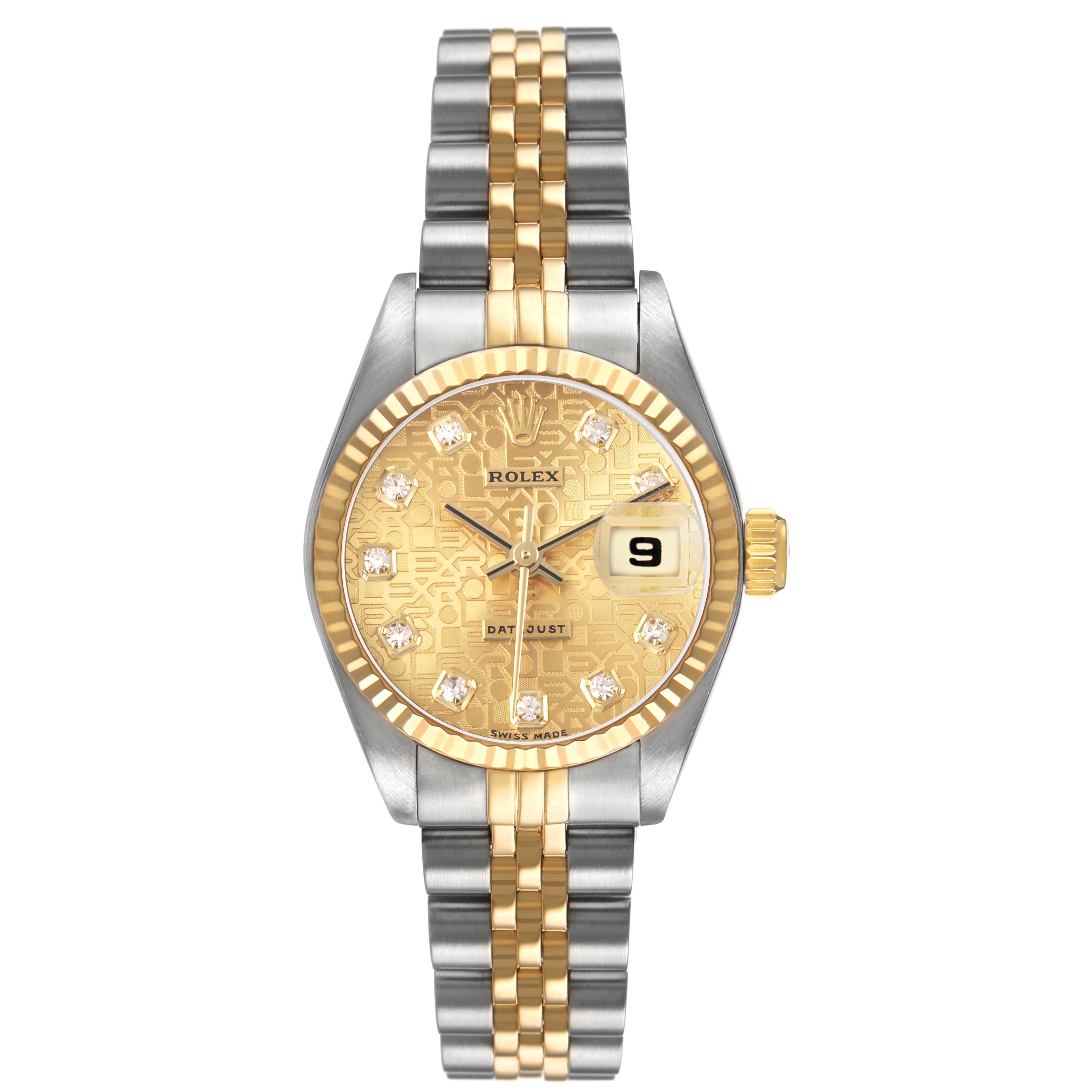 The Rolex Datejust 79173 Women's Steel and Gold (two tone) Champagne Dial watch is shown from a top-down angle, highlighting its two-tone bracelet, bezel, and dial with date feature.