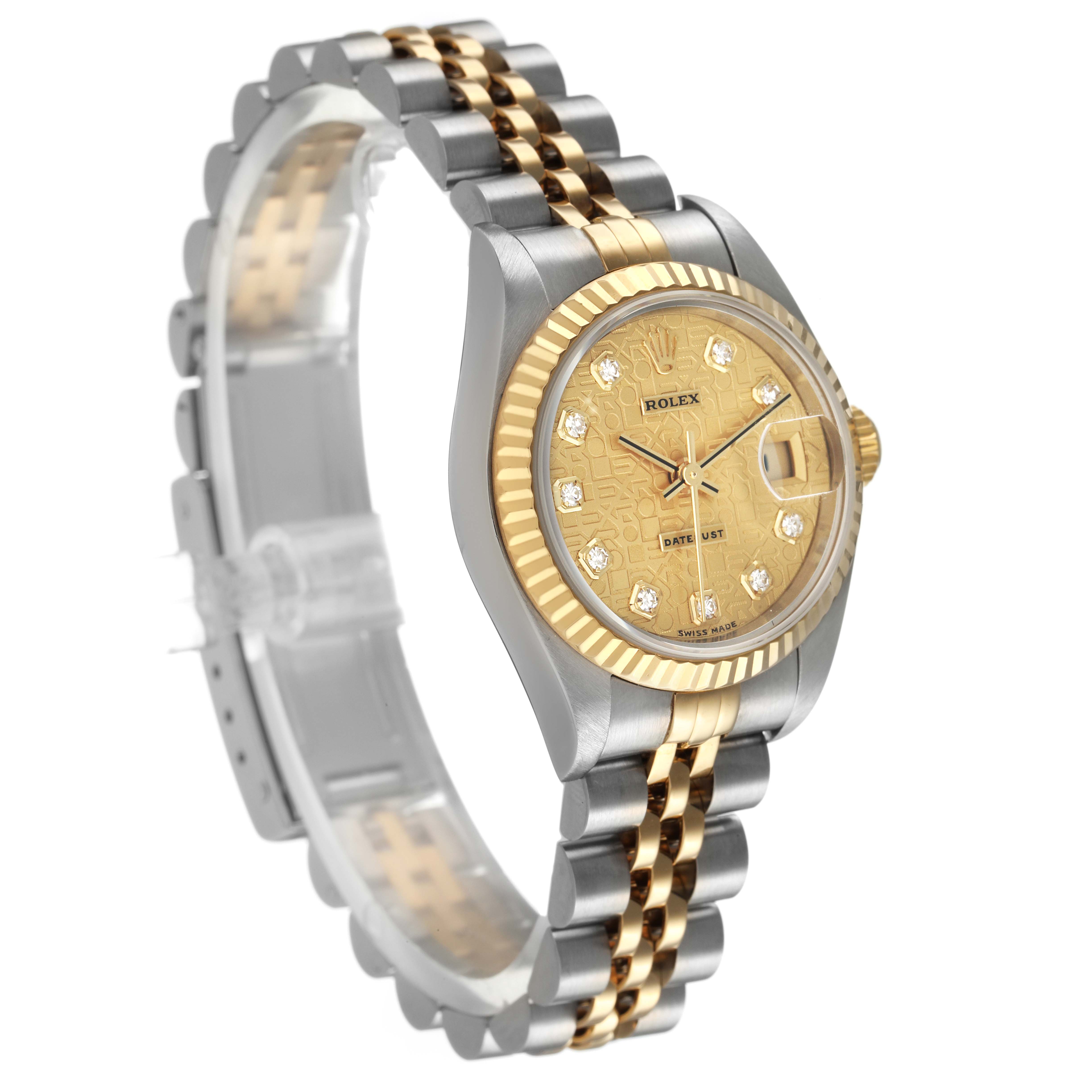 The Rolex Datejust 79173 Women's Steel and Gold (two tone) Champagne Dial watch is shown at a three-quarter angle, highlighting its gold dial, bezel, and two-tone bracelet.