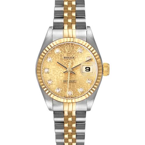 The Rolex Datejust 79173 Women's Steel and Gold (two tone) Champagne Dial watch is shown from the front, highlighting its gold dial, diamond hour markers, and two-tone bracelet.