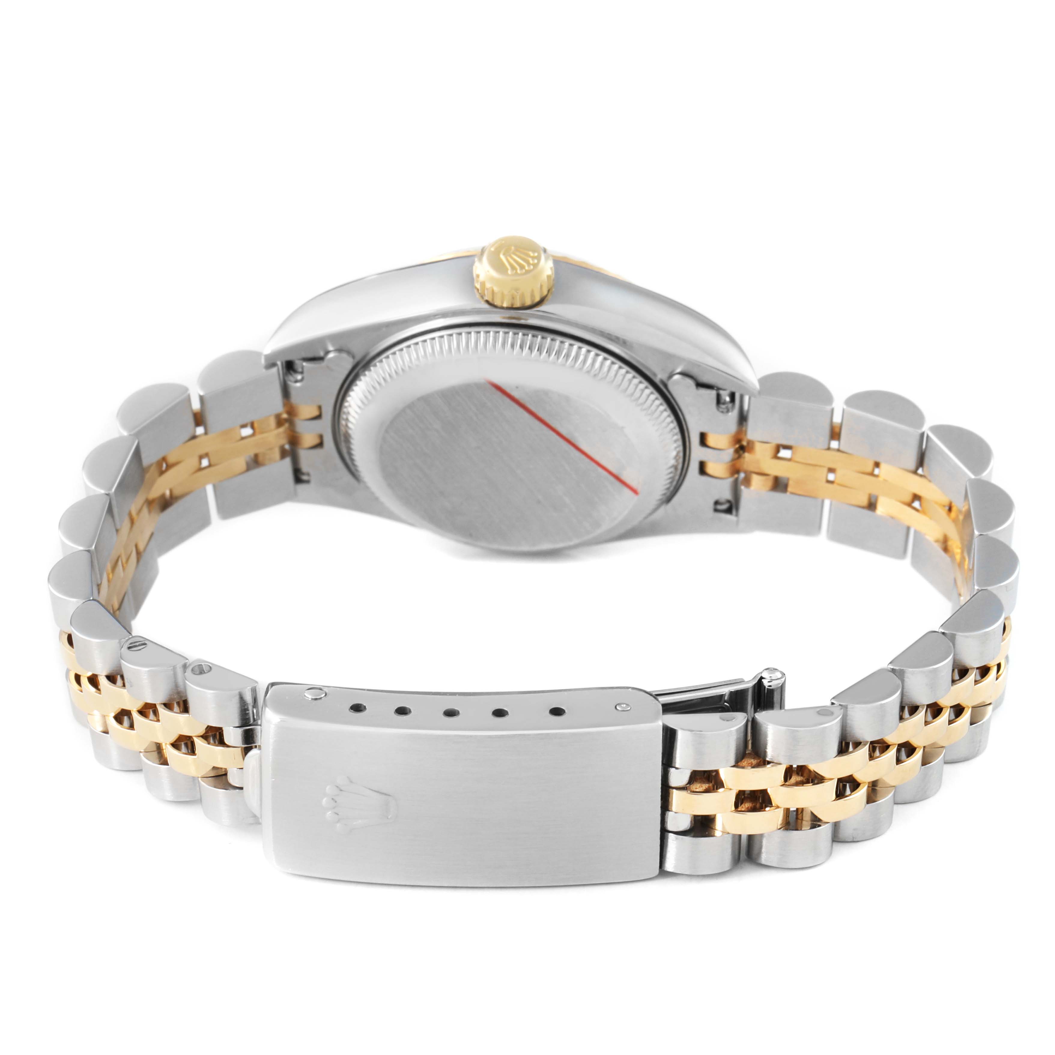 The image shows the back view of a Rolex Datejust 79173 Women's Steel and Gold (two tone) Champagne Dial, featuring the case, crown, and Jubilee bracelet.