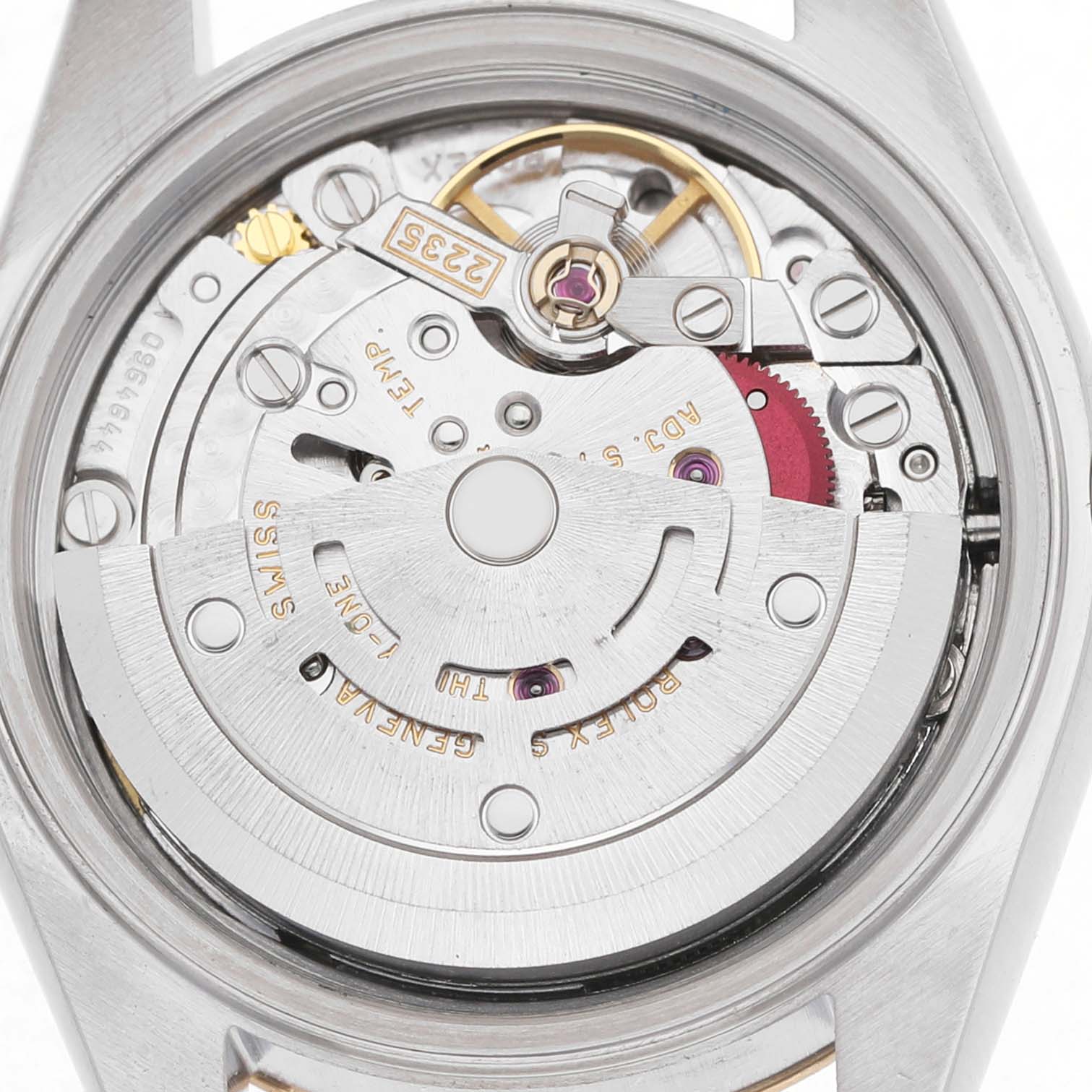 The image shows the movement of a Rolex Datejust 79173 Women's Steel and Gold (two tone) Champagne Dial watch from a back angle with visible gears and rotors.