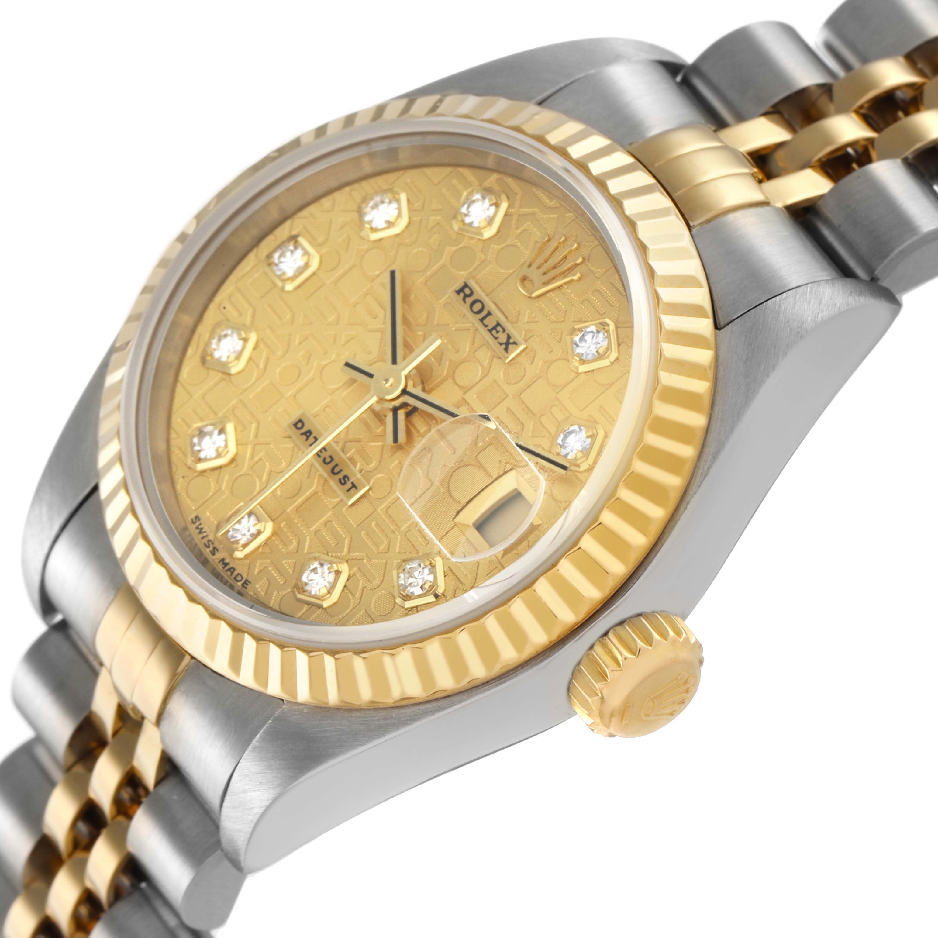 The Rolex Datejust 79173 Women's Steel and Gold (two tone) Champagne Dial watch is shown at an angled close-up, highlighting the gold dial, bezel, and part of the bracelet.