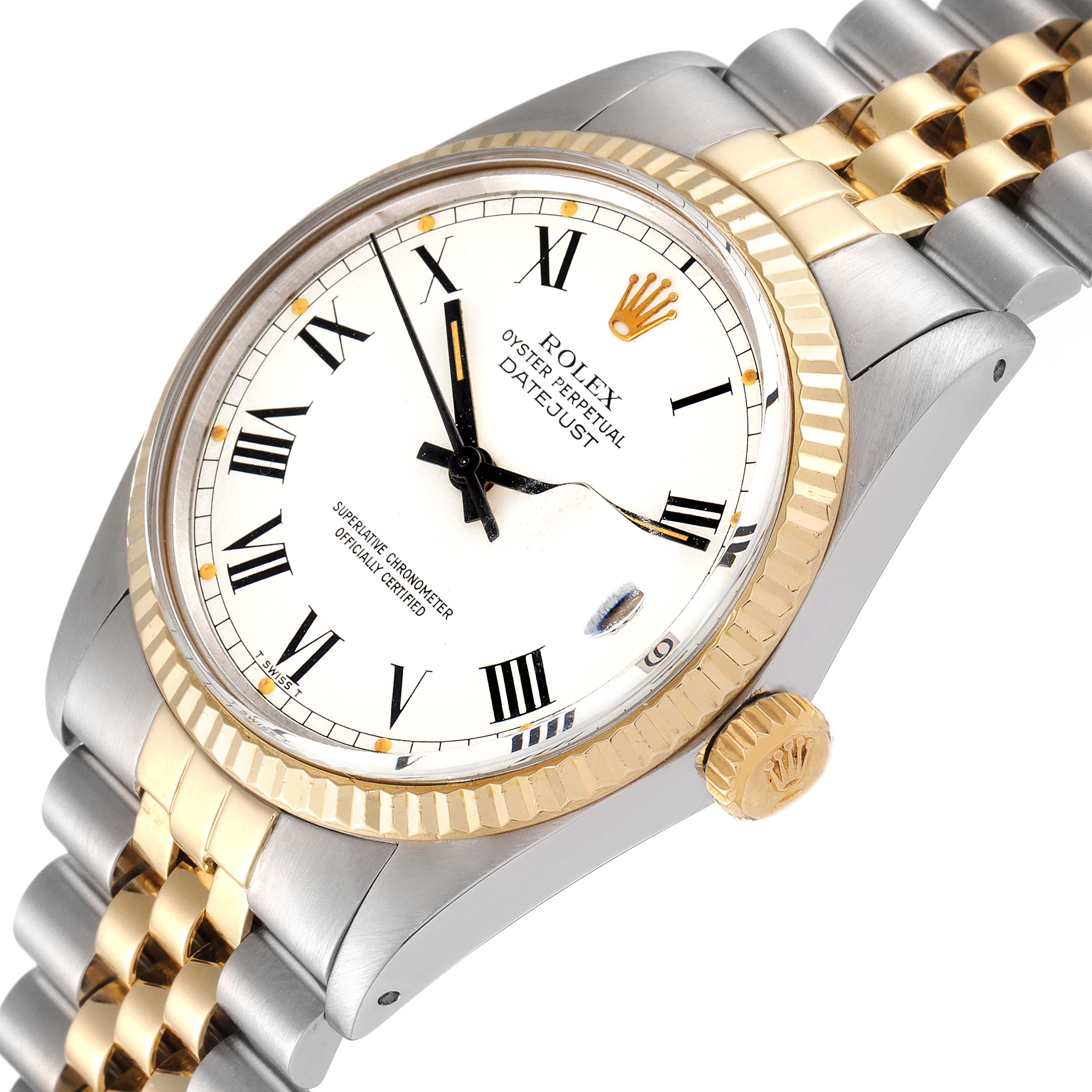 The Rolex Vintage Collection 16013 Men's Steel and Gold (two tone) White Dial 16013 Men's Steel and Gold (two tone) White Dial Datejust is shown at an angled view, highlighting its dial, fluted bezel, and two-tone bracelet.
