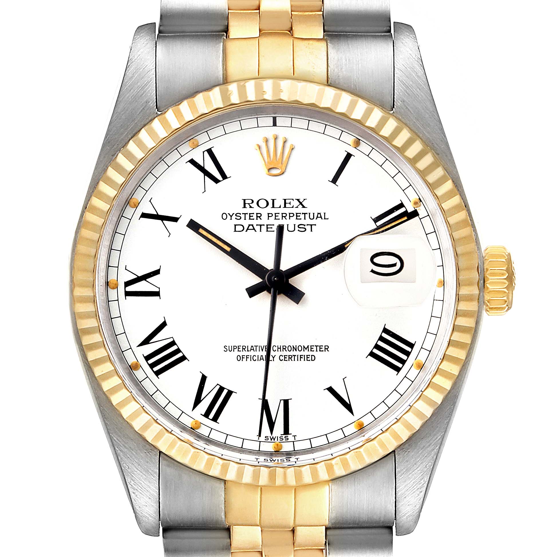 The image shows the face and part of the bracelet of a Rolex Vintage Collection 16013 Men's Steel and Gold (two tone) White Dial 16013 Men's Steel and Gold (two tone) White Dial Oyster Perpetual Datejust watch.