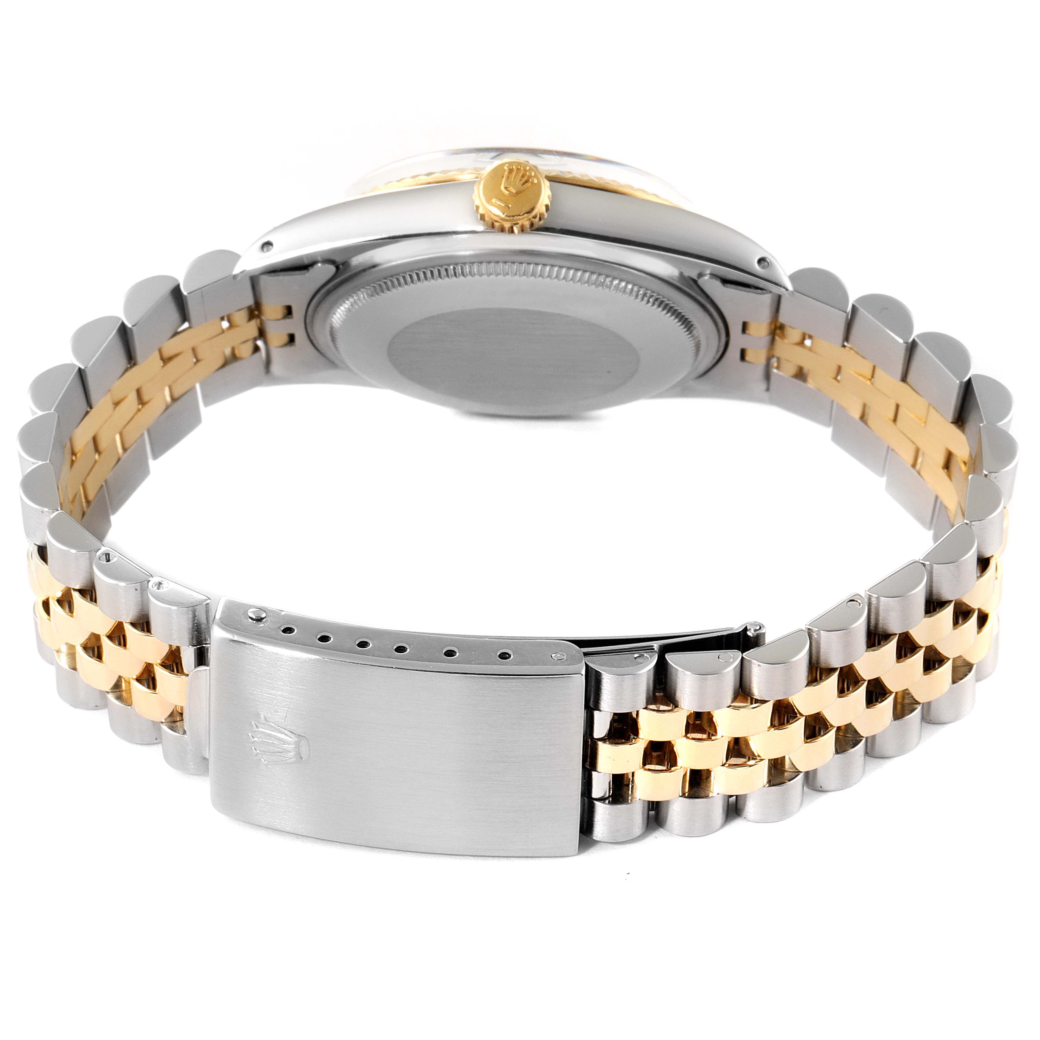 The image shows the back and bracelet of a Rolex Vintage Collection 16013 Men's Steel and Gold (two tone) White Dial 16013 Men's Steel and Gold (two tone) White Dial model, highlighting its steel and gold bracelet and clasp.