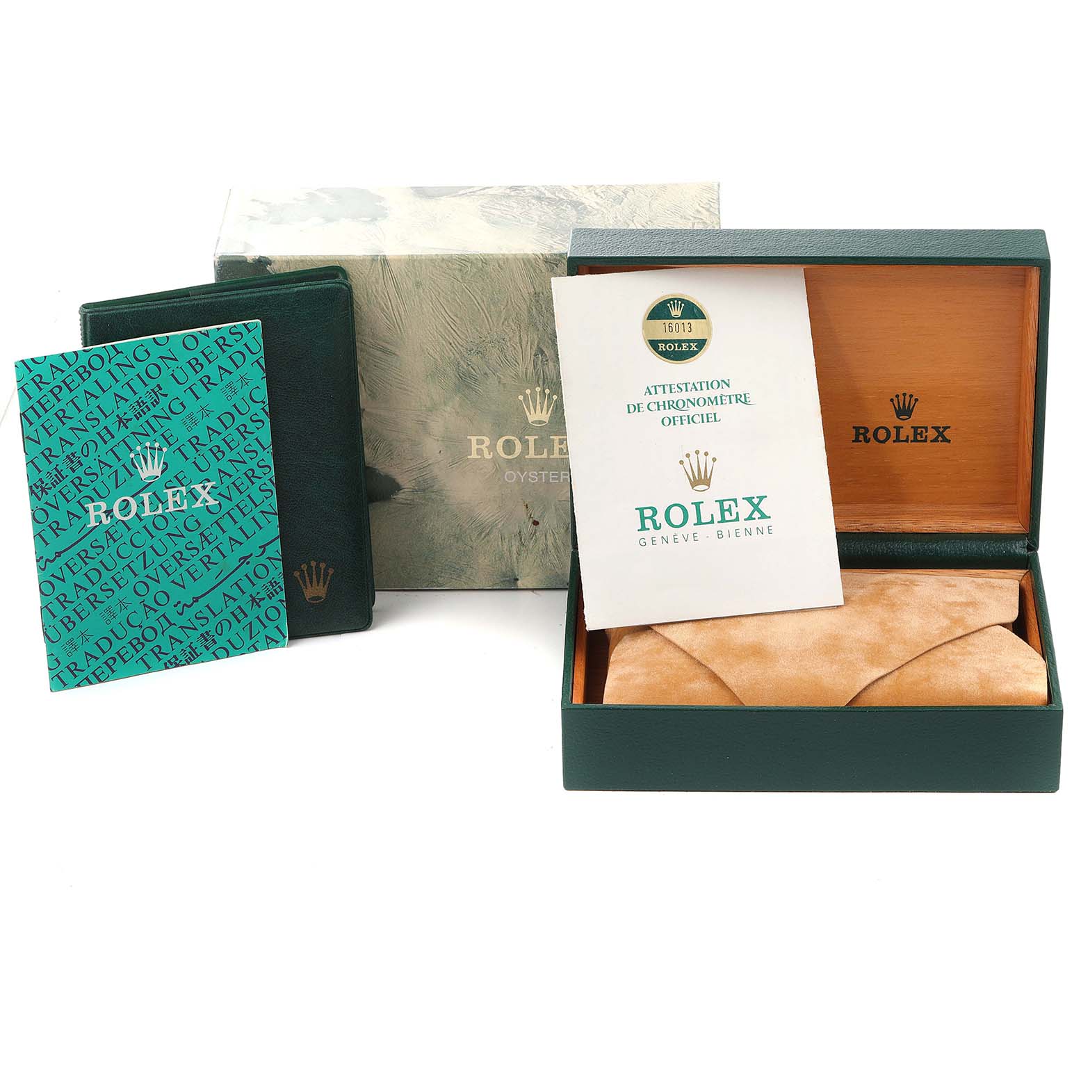 The image shows the box, booklets, and certificate for a Rolex Vintage Collection 16013 Men's Steel and Gold (two tone) White Dial 16013 Men's Steel and Gold (two tone) White Dial model, but the watch itself is not shown.