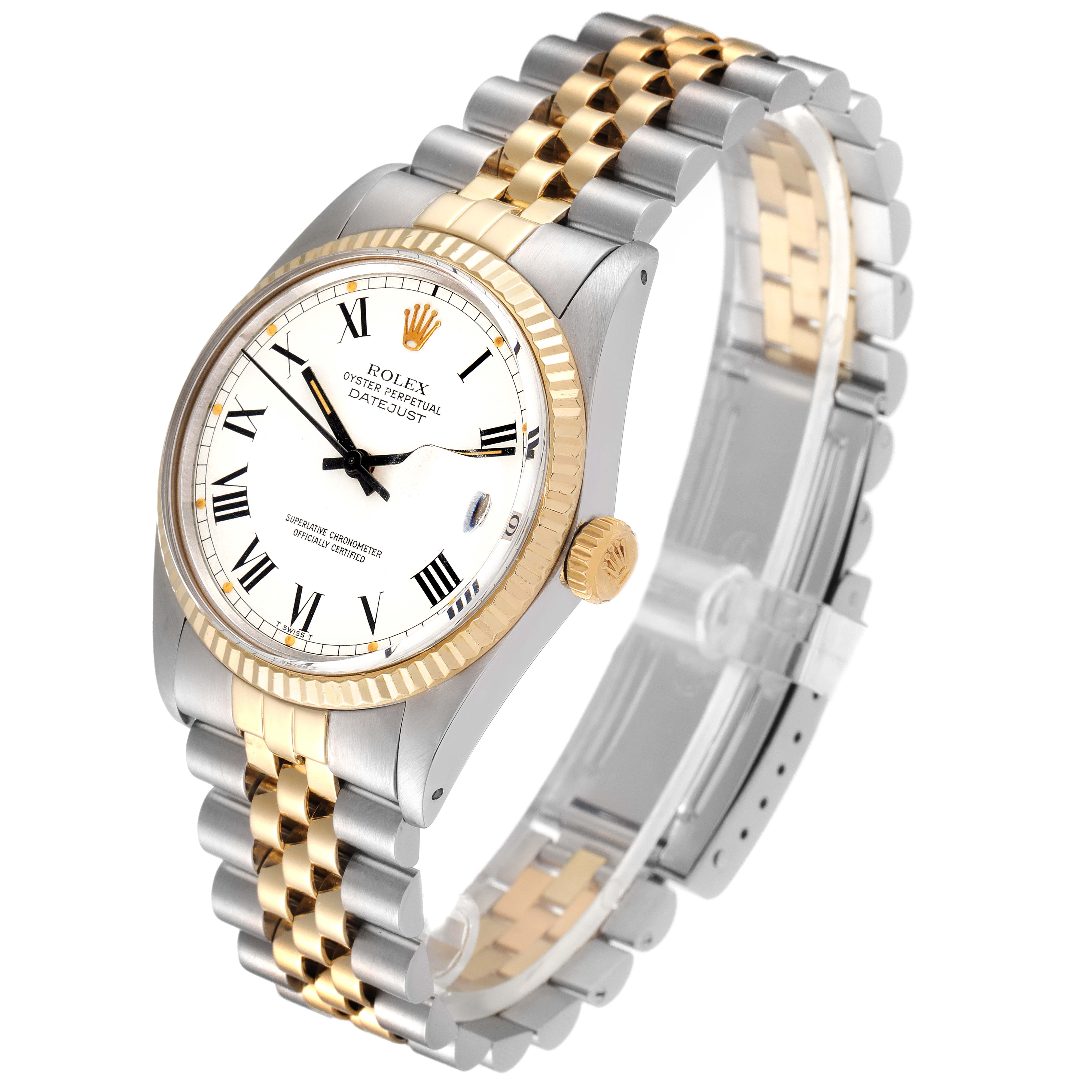 The Rolex Vintage Collection 16013 Men's Steel and Gold (two tone) White Dial 16013 Men's Steel and Gold (two tone) White Dial watch is shown at an angled front view, highlighting the face, bezel, crown, and two-tone bracelet.