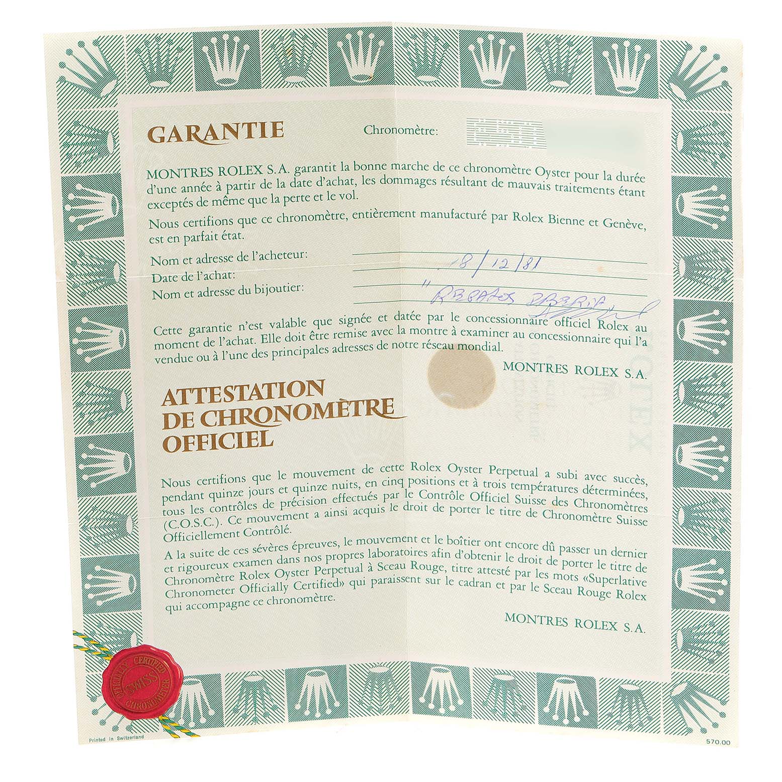 The image shows a warranty certificate for the Vintage Collection model by Rolex.