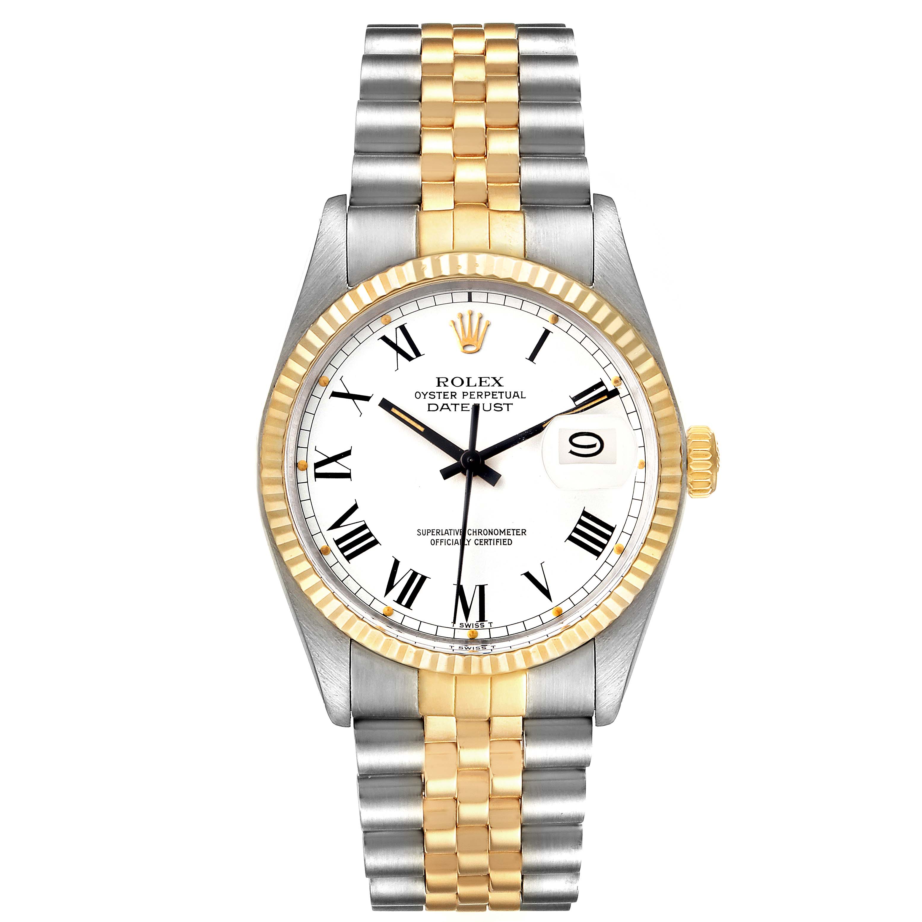The image shows a front view of the Rolex Vintage Collection 16013 Men's Steel and Gold (two tone) White Dial 16013 Men's Steel and Gold (two tone) White Dial Oyster Perpetual Datejust, highlighting its face, bezel, and two-tone bracelet.