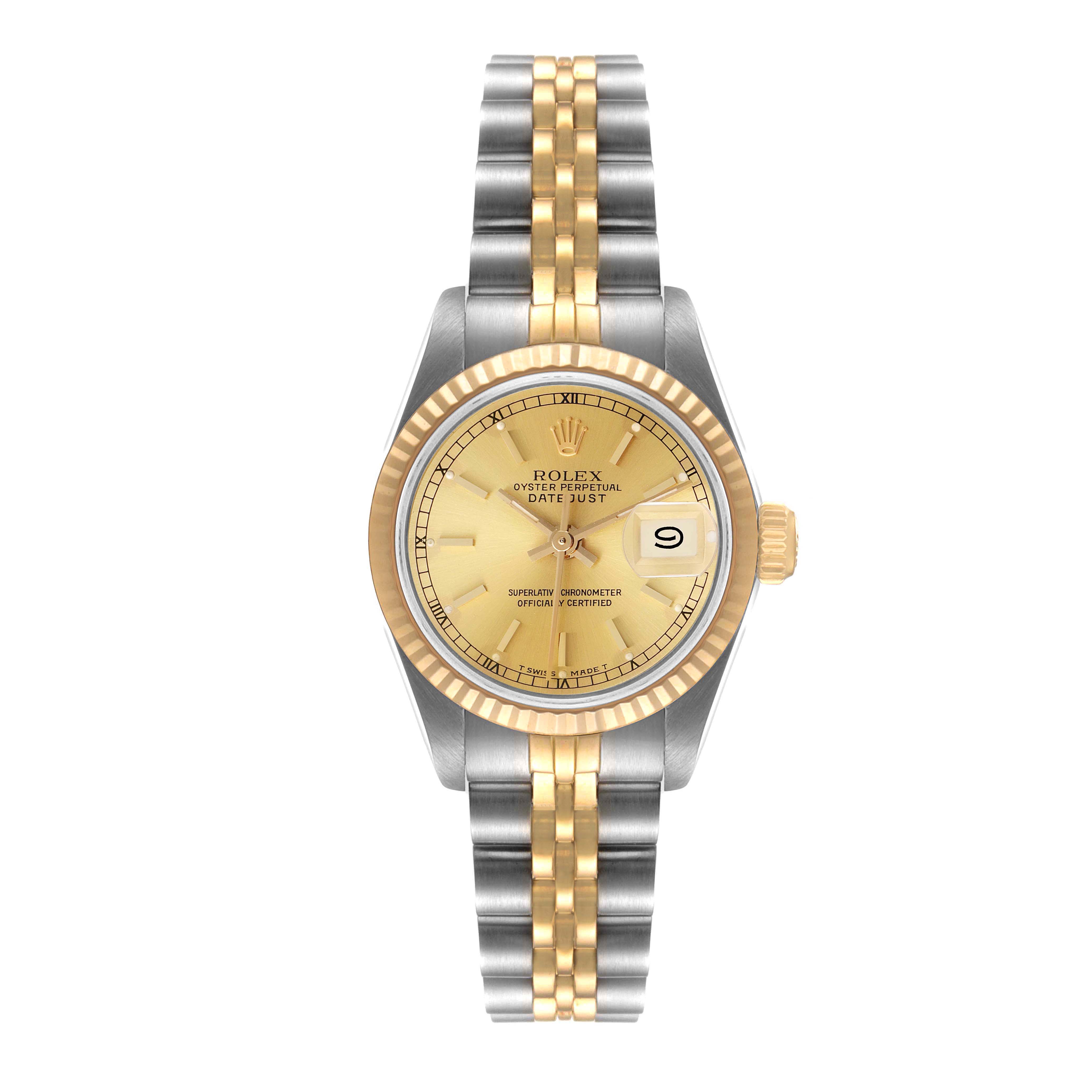 The Rolex Datejust 69173 Women
s Steel and Gold (two tone) Champagne Dial 69173 Women
s Steel and Gold (two tone) Champagne Dial watch is shown from a front view, displaying the full dial, bezel, and bracelet.