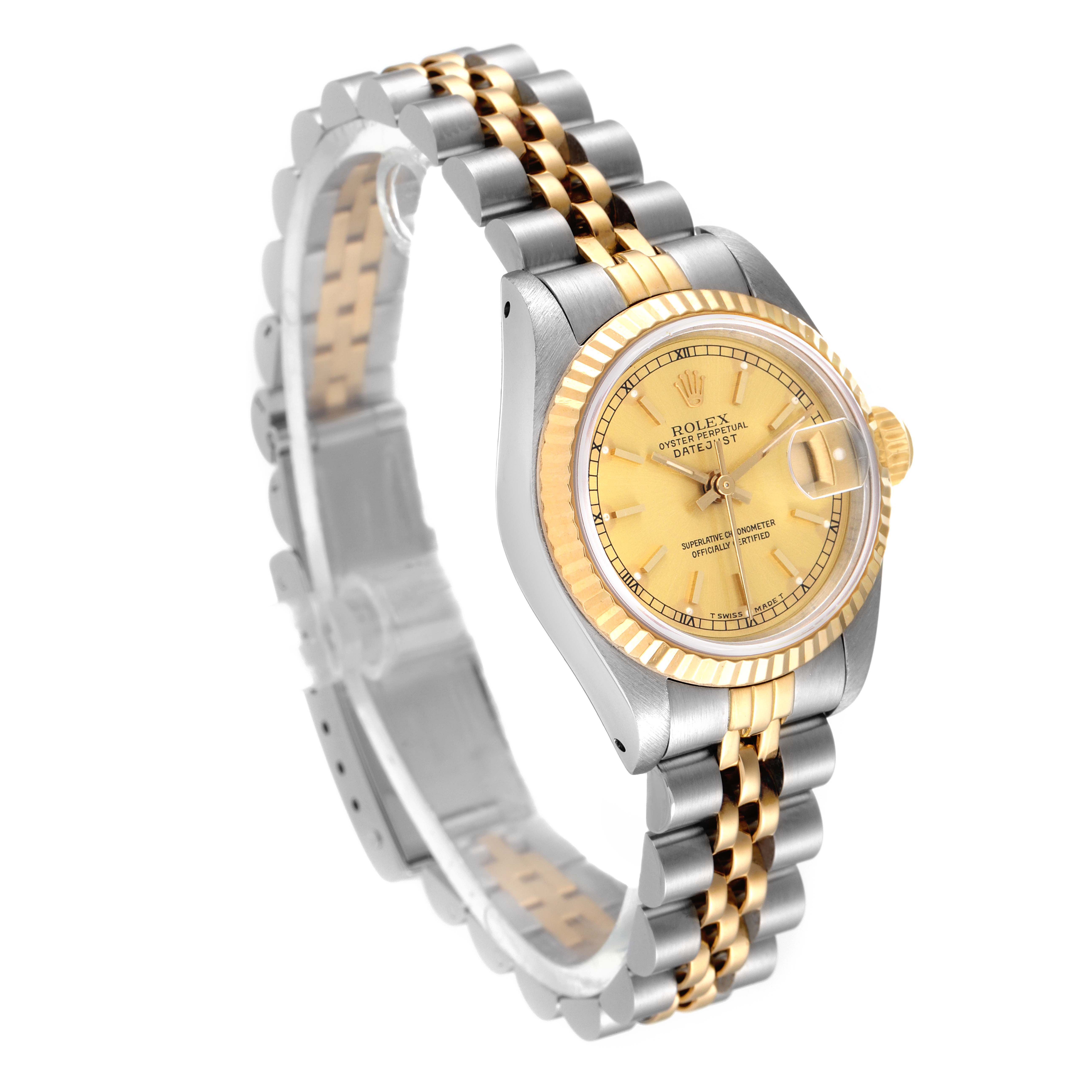 The image shows a side-angle view of a Rolex Datejust 69173 Women
s Steel and Gold (two tone) Champagne Dial 69173 Women
s Steel and Gold (two tone) Champagne Dial watch, featuring a two-tone band and gold bezel.