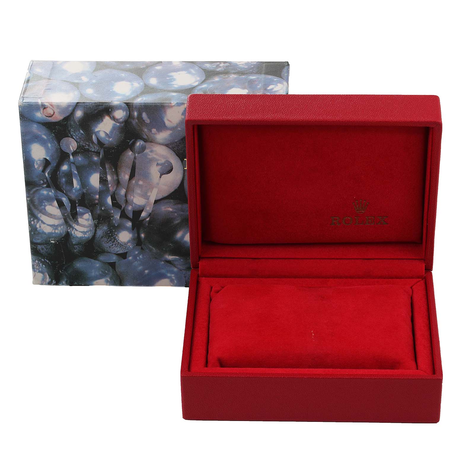 The image shows the opened box and outer packaging for a Rolex Datejust 69173 Women
s Steel and Gold (two tone) Champagne Dial 69173 Women
s Steel and Gold (two tone) Champagne Dial watch, with red interior padding and the Rolex logo.