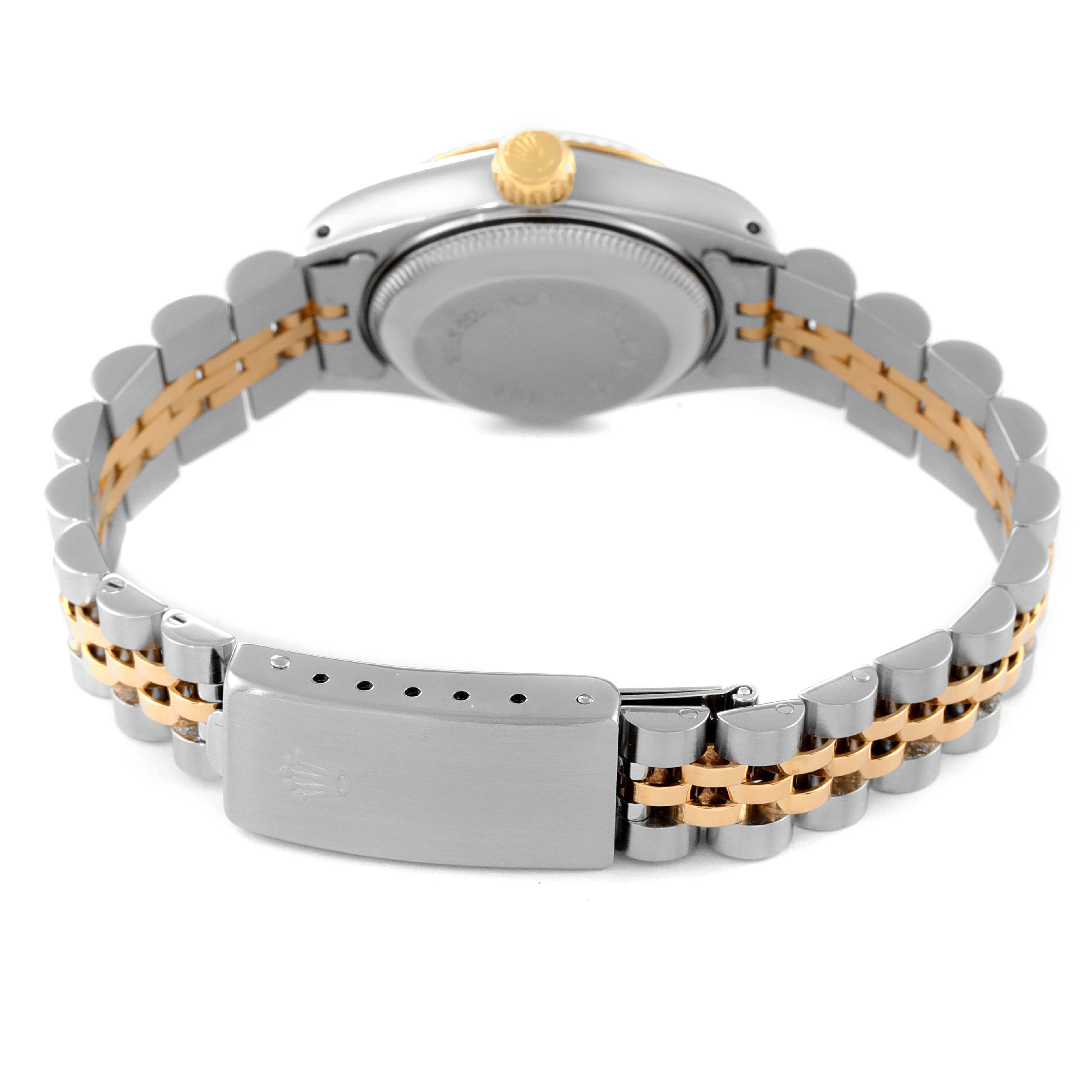 This image shows the back of a Rolex Datejust 69173 Women
s Steel and Gold (two tone) Champagne Dial 69173 Women
s Steel and Gold (two tone) Champagne Dial watch, highlighting the bracelet and clasp from a rear view angle.