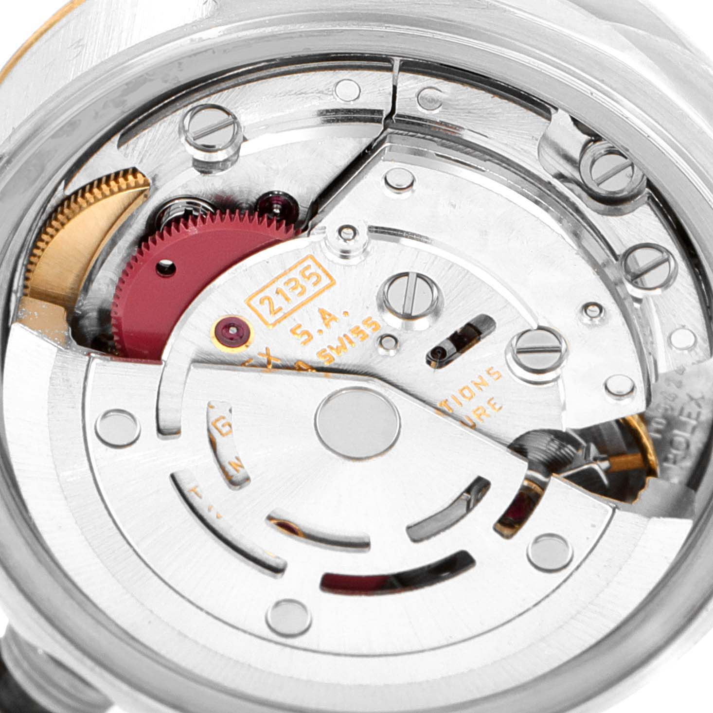 The image shows the internal mechanical movement of a Rolex Datejust 69173 Women
s Steel and Gold (two tone) Champagne Dial 69173 Women
s Steel and Gold (two tone) Champagne Dial watch.