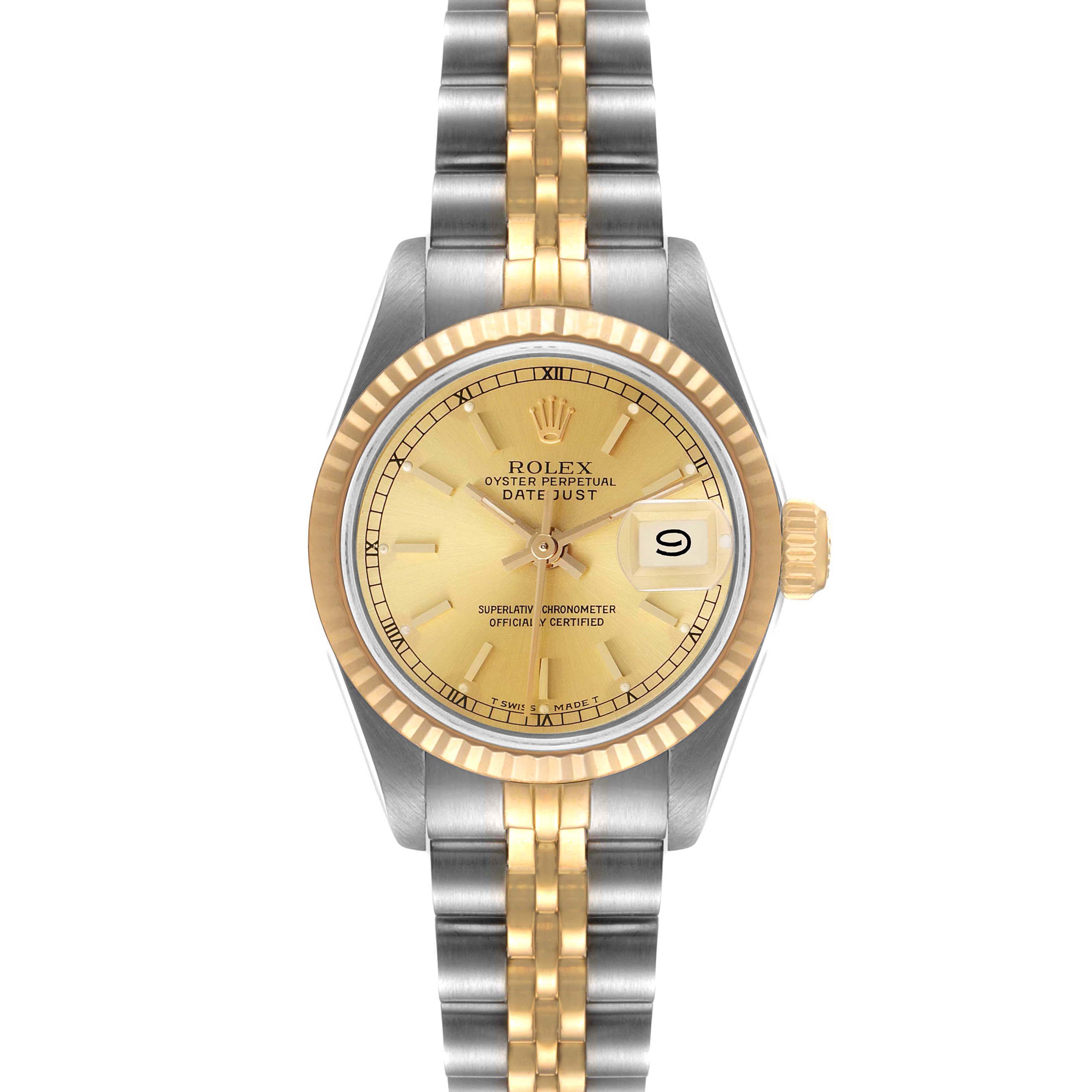 This is a front view of a Rolex Datejust 69173 Women
s Steel and Gold (two tone) Champagne Dial 69173 Women
s Steel and Gold (two tone) Champagne Dial watch, showing its gold and steel bracelet, gold dial, and fluted bezel.