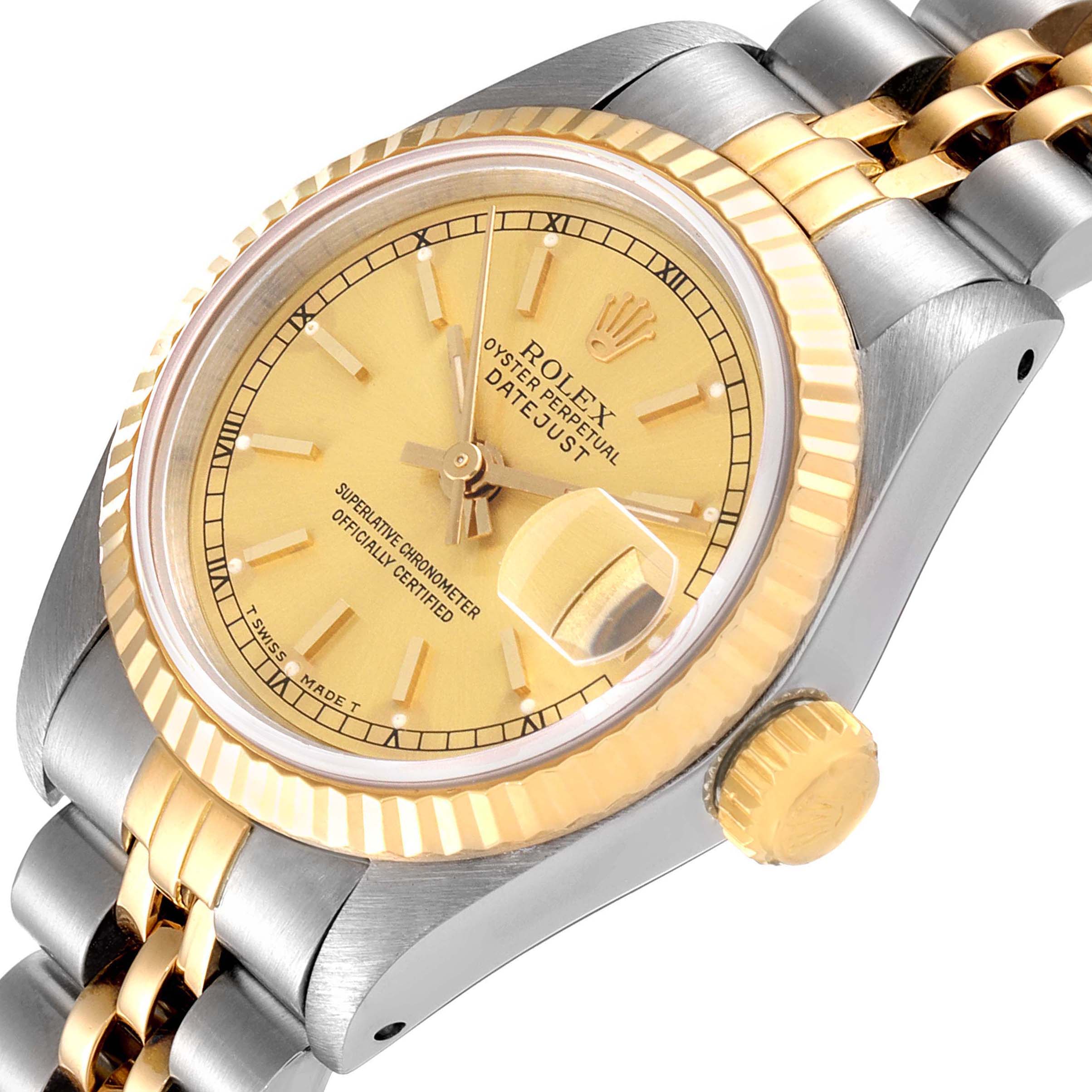 This image shows a close-up angle of the face, bezel, crown, and part of the bracelet of a Rolex Datejust 69173 Women
s Steel and Gold (two tone) Champagne Dial 69173 Women
s Steel and Gold (two tone) Champagne Dial watch.