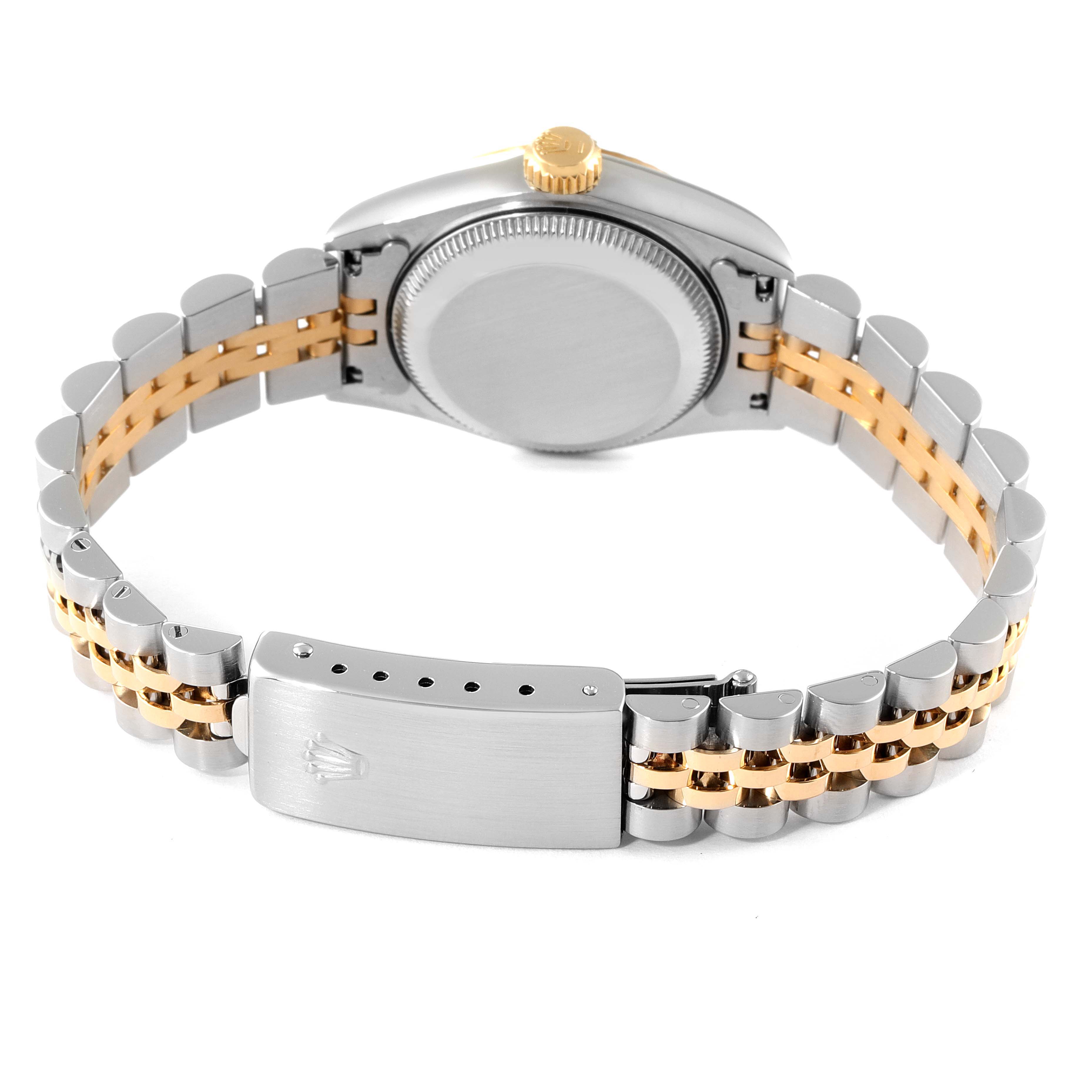 The image shows the back of a Rolex Datejust 69173 Women's Steel and Gold (two tone) White Dial 69173 Women's Steel and Gold (two tone) White Dial watch, highlighting the case back and the two-tone jubilee bracelet with its clasp.