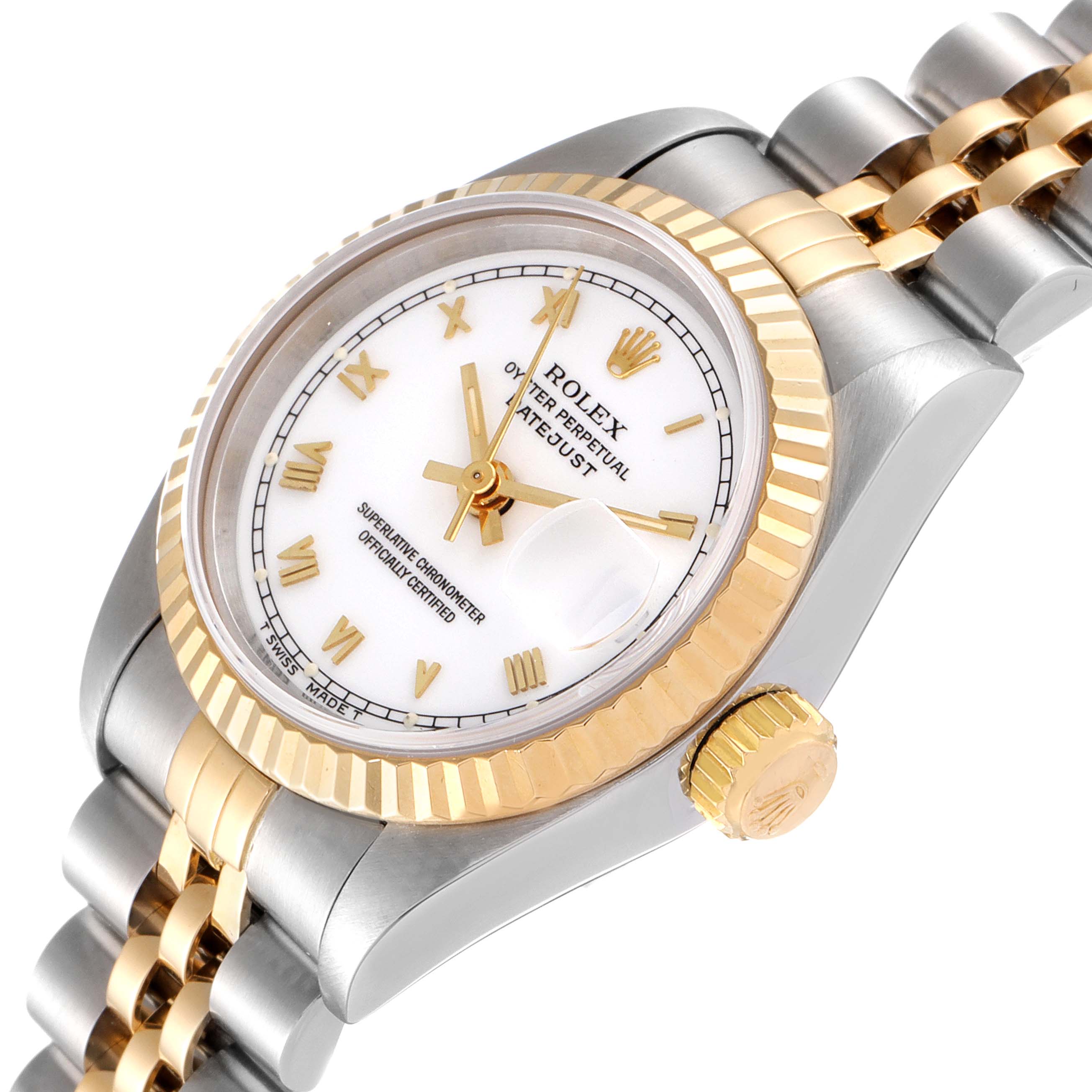 The image shows a Rolex Datejust 69173 Women's Steel and Gold (two tone) White Dial 69173 Women's Steel and Gold (two tone) White Dial watch at an angled view, highlighting the dial, fluted bezel, and two-tone bracelet.