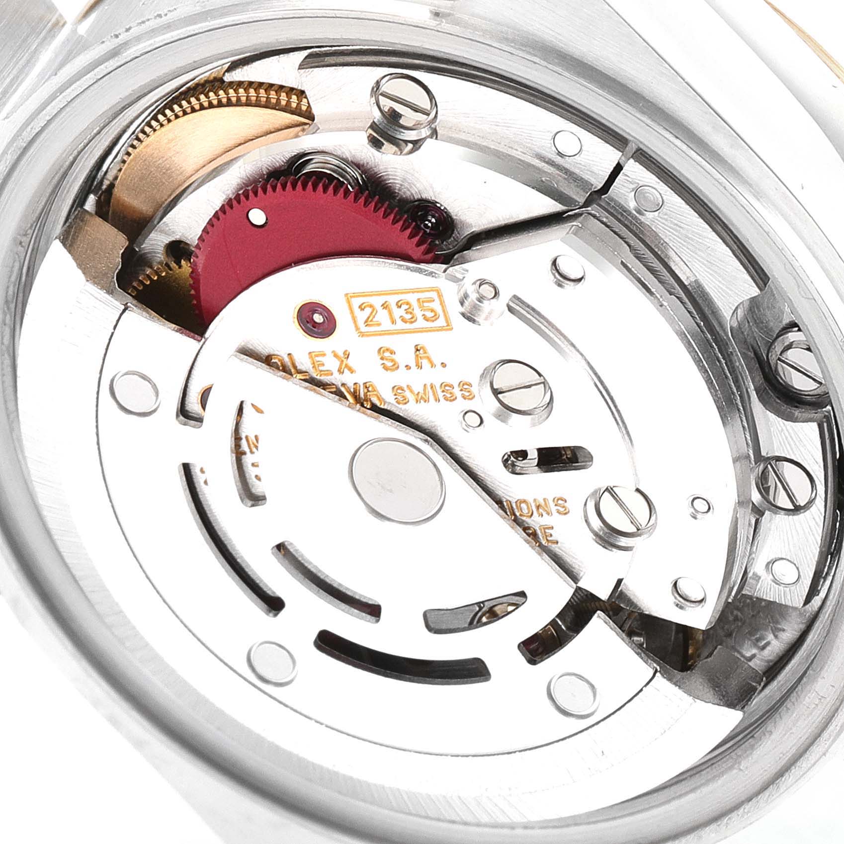 The image shows an angled close-up of the movement and internal mechanism of a Rolex Datejust 69173 Women's Steel and Gold (two tone) White Dial 69173 Women's Steel and Gold (two tone) White Dial watch.