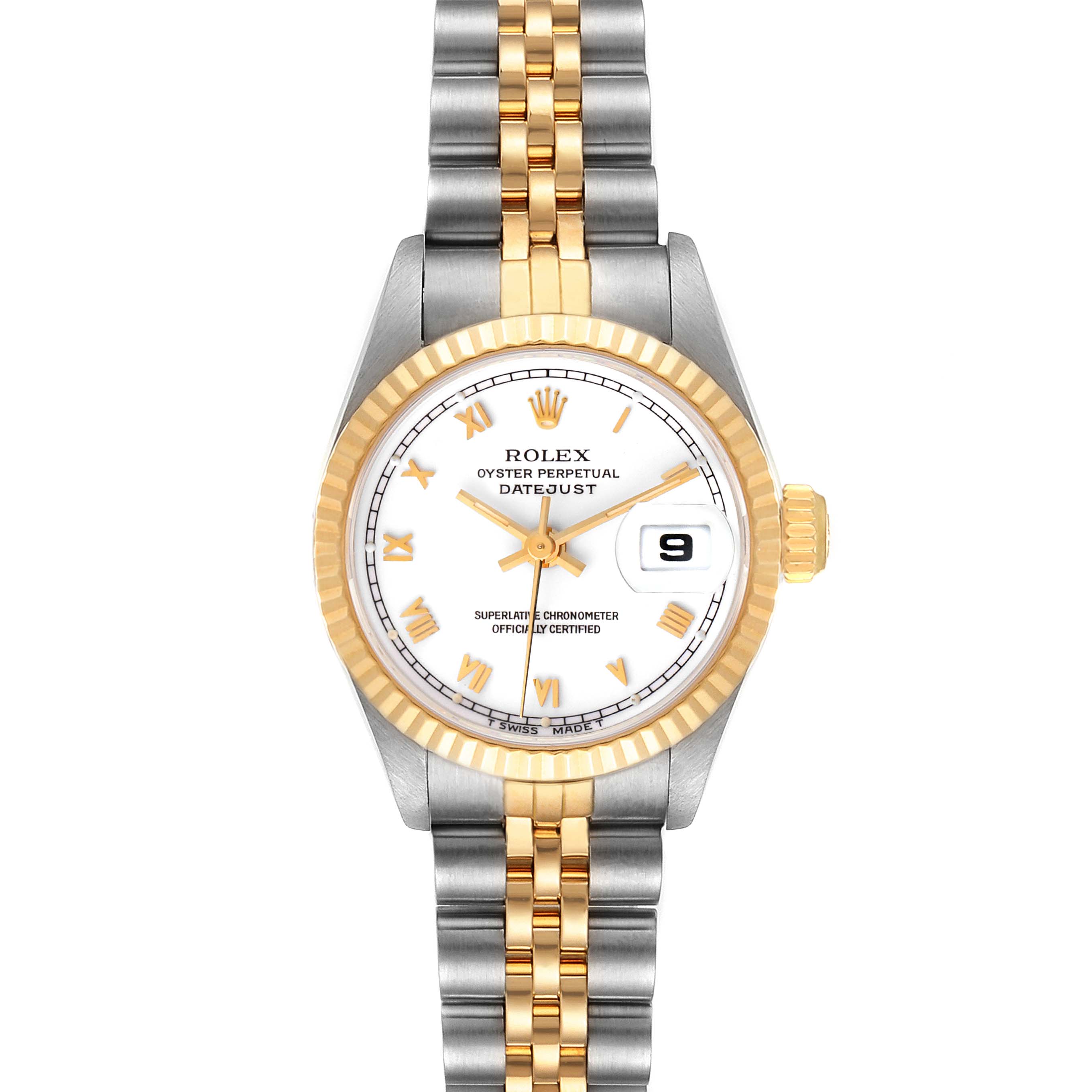 The Rolex Datejust 69173 Women's Steel and Gold (two tone) White Dial 69173 Women's Steel and Gold (two tone) White Dial watch is shown from a front angle, highlighting its dial, bezel, bracelet, and crown.