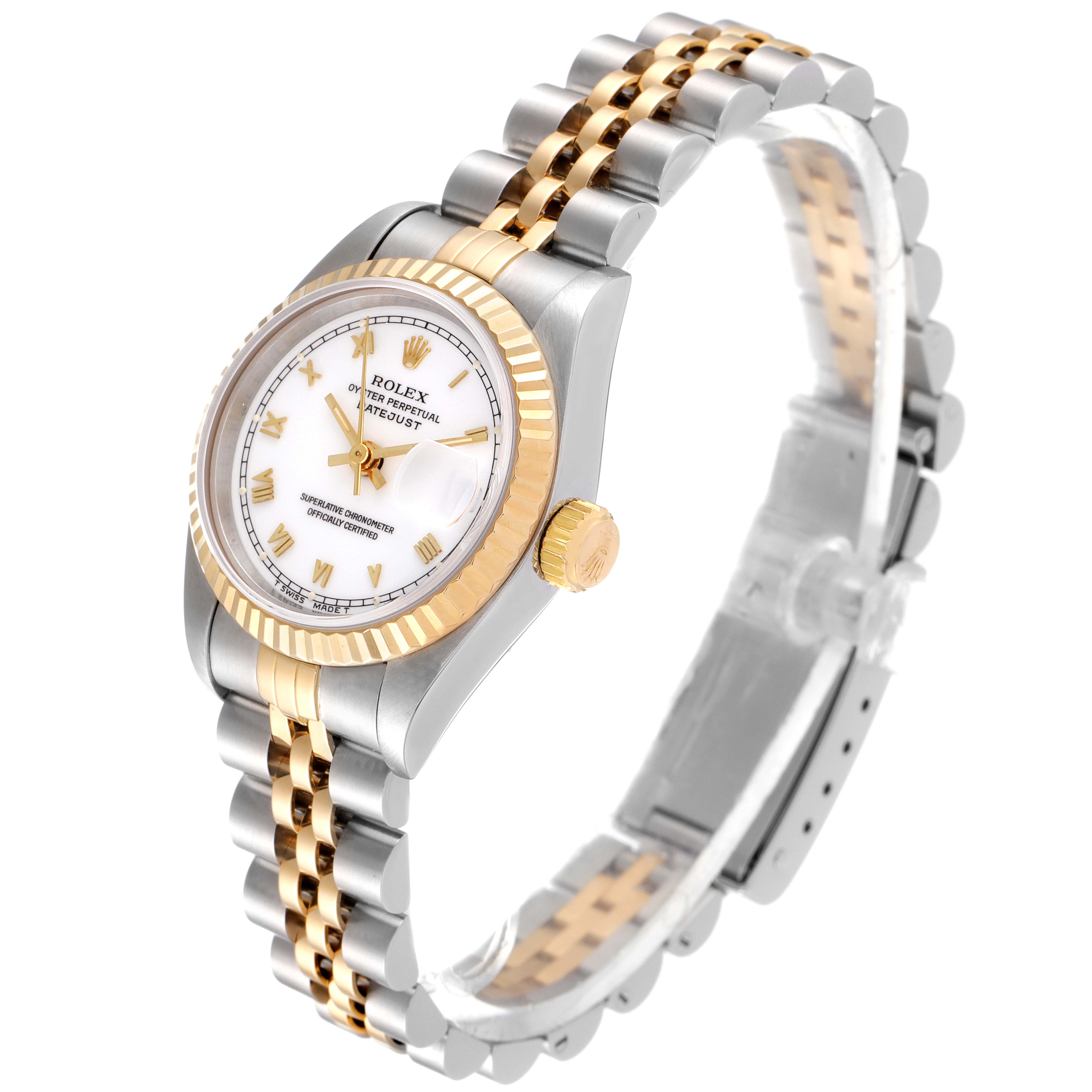 This image shows a Rolex Datejust 69173 Women's Steel and Gold (two tone) White Dial 69173 Women's Steel and Gold (two tone) White Dial watch featuring a jubilee bracelet, fluted bezel, and white dial with Roman numeral markers, viewed from an angle.