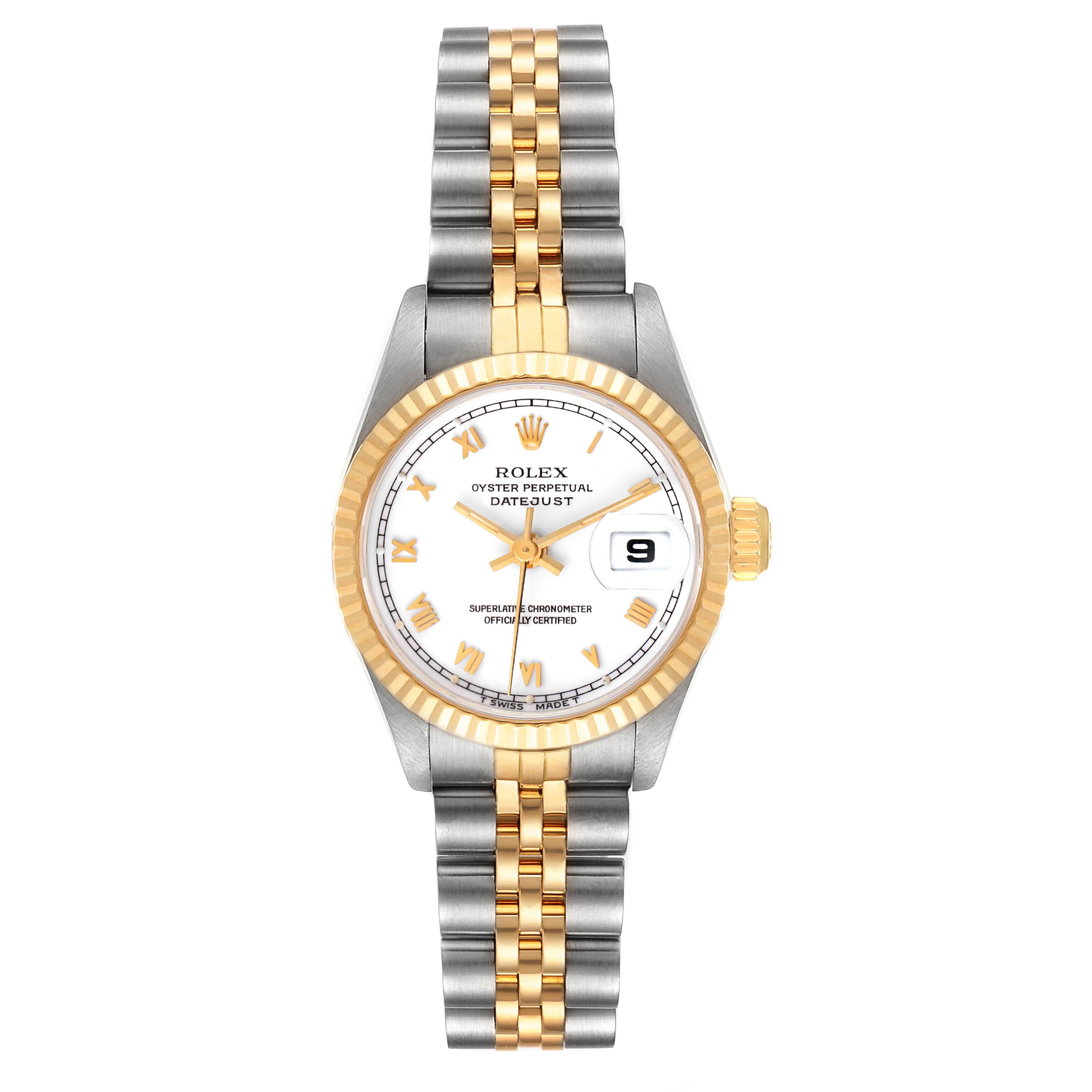 This Rolex Datejust 69173 Women's Steel and Gold (two tone) White Dial 69173 Women's Steel and Gold (two tone) White Dial model is shown from a top-down view, displaying the face, bezel, crown, and part of the jubilee bracelet.