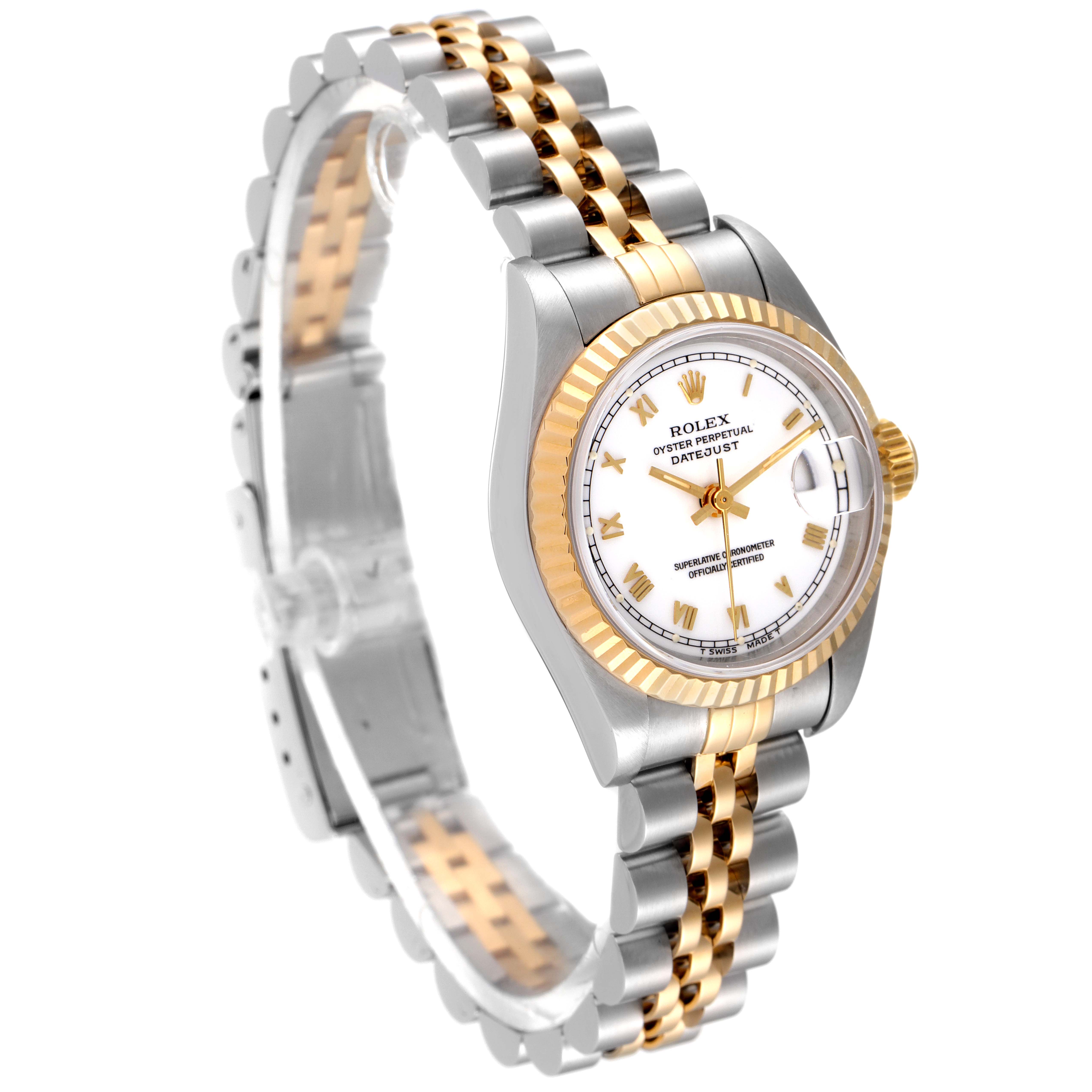 This Rolex Datejust 69173 Women's Steel and Gold (two tone) White Dial 69173 Women's Steel and Gold (two tone) White Dial watch is shown at an angled side view, featuring its silver-and-gold jubilee bracelet and fluted bezel.