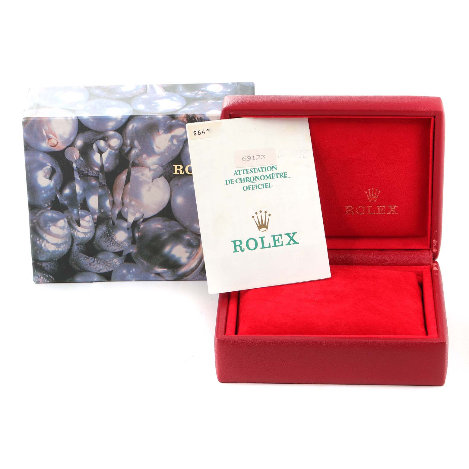 This image shows the packaging and official certification for a Rolex Datejust 69173 Women's Steel and Gold (two tone) White Dial 69173 Women's Steel and Gold (two tone) White Dial watch, including the box and red interior.