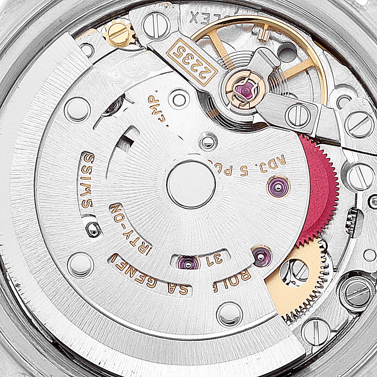 This is a close-up view of the movement mechanism inside a Rolex Datejust 79173 Women's Steel and Gold (two tone) Mother of Pearl Dial 79173 Women's Steel and Gold (two tone) Mother of Pearl Dial watch.