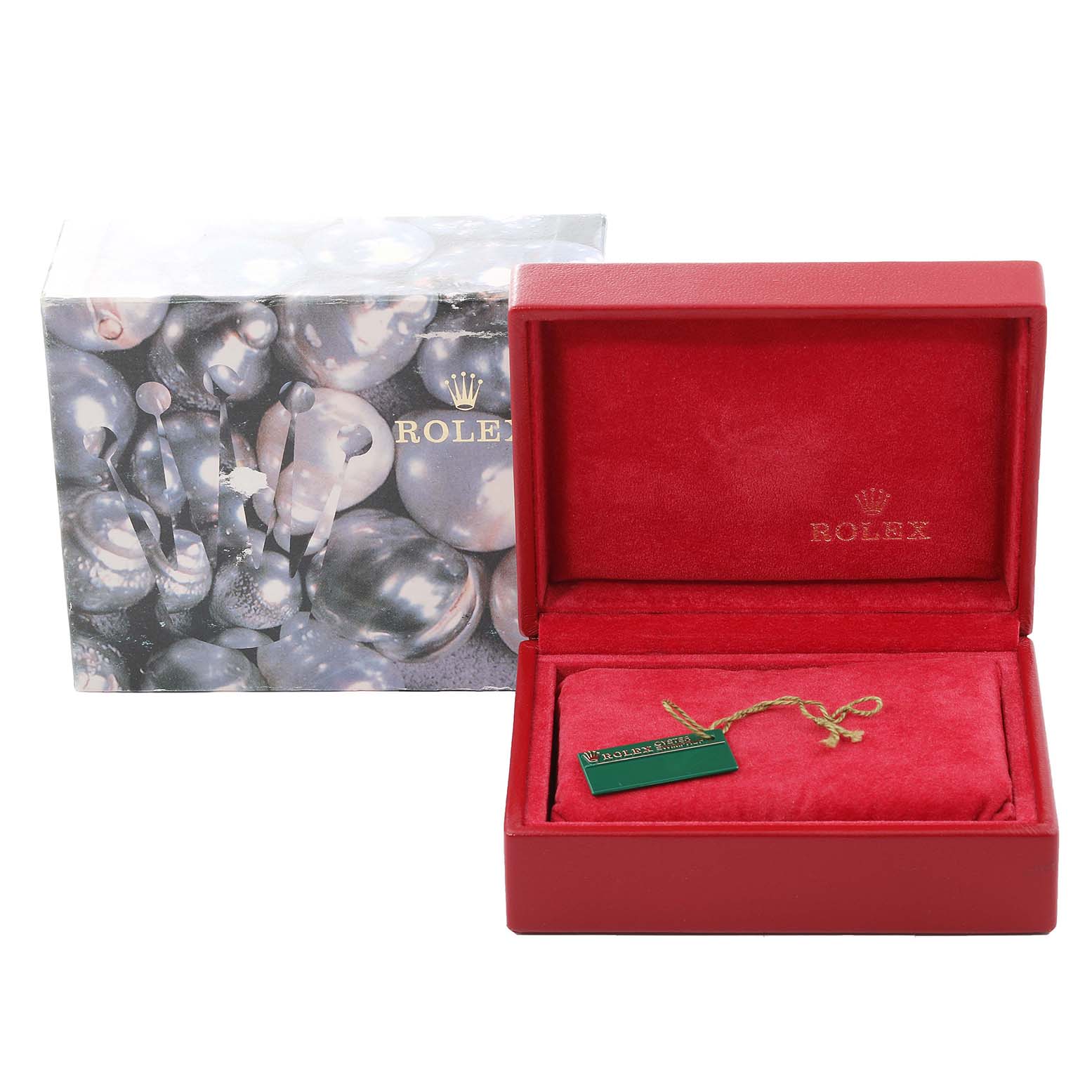 The image shows a Rolex Datejust 79173 Women's Steel and Gold (two tone) Mother of Pearl Dial 79173 Women's Steel and Gold (two tone) Mother of Pearl Dial watch box, opened to reveal the interior and a green tag.